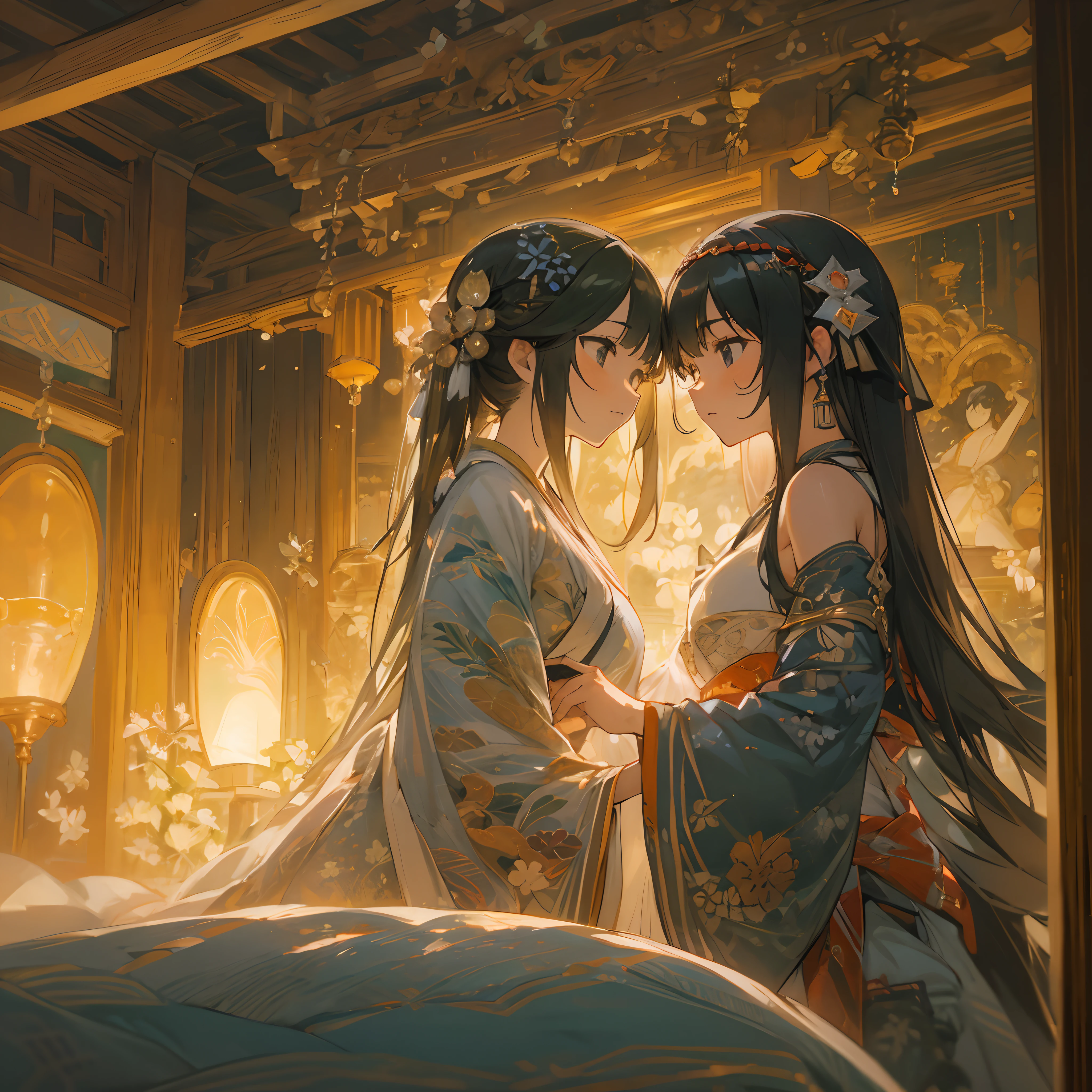 Japanimation, eroge, Incredibly hyper-detailed and intricately realistic, Perfect, Cover art, zoomout, hyper detailed painting, luminism, with an intricate, 4k resolution concept art portrait, extremely high level illustration, 16k, extremely high level illustration, absurd resolution, absurd detailed, soft and warm lighting, (((masterpiece))), best quality, extremely detailed, fantasy lighting, beautiful detailed glow, perspective, depth of field, proportion, blurry background, bokeh, sharp focus, depth and dimension, Ainu scene, Ainu composition, Fantasy lighting, an extremely beautiful detailed bedroom, Beautiful,  night, (yuri:1.2), (lesbian:1.2), (2 girls:1.2),  under wear, full body character, Beautiful, Female, Long Black Hair, Black eyes, Detailed face, White skin, beautiful detailed 2 girls, hand on another's shoulder, laying, q:, look at each other