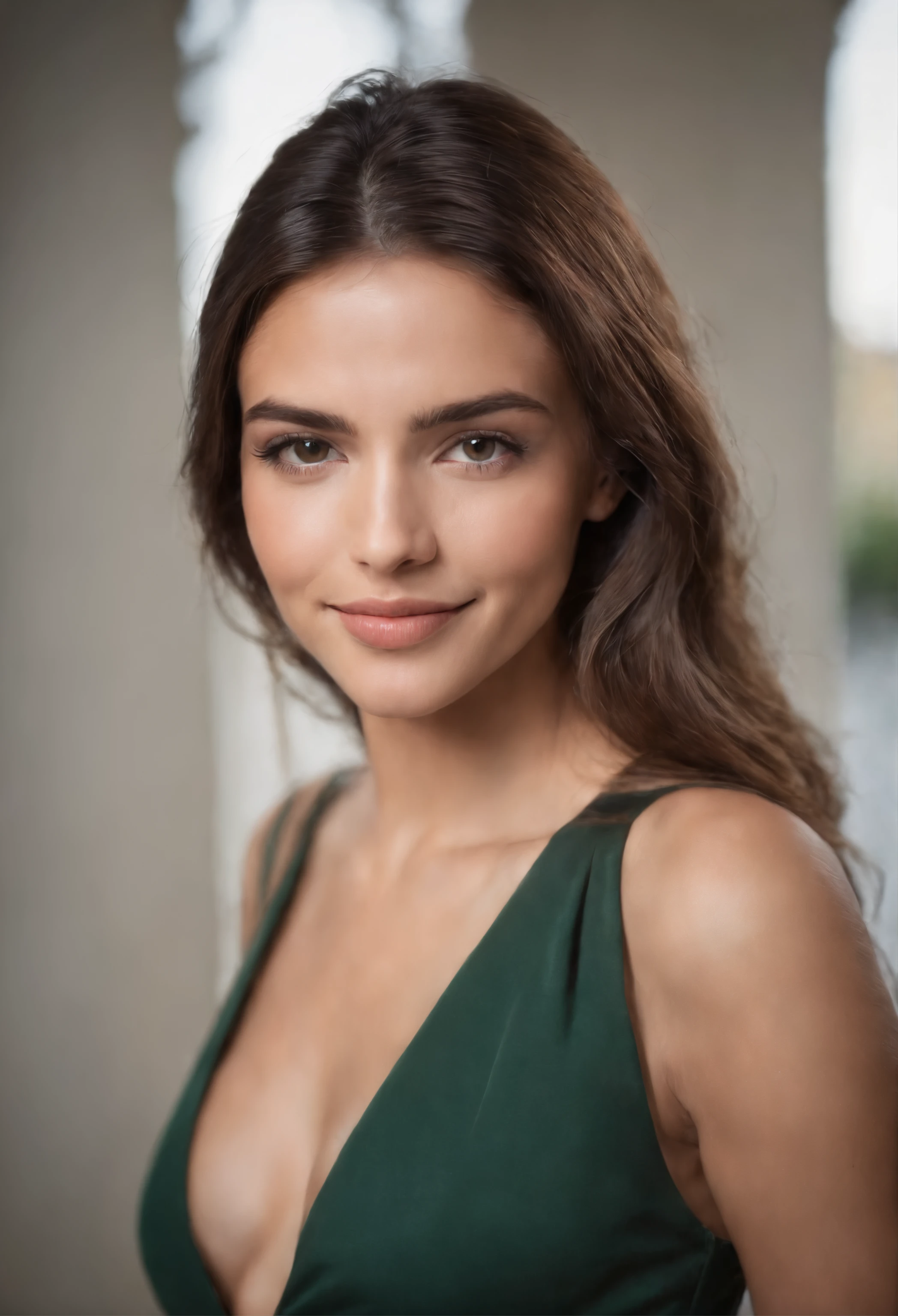 fotografia de uma mulher latina, 20 anos de idade, bronzeada, cabelos castanhos lisos, olhos verdes claros, 165 cm de altura, 60 quilos, smiling mischievously at the camera, wearing a black leather jumpsuit