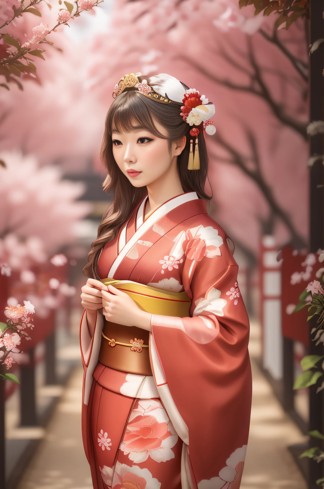 Araffe woman in a kimono standing in a field of flowers, quimono vermelho, palace , Uma menina em Hanfu, Hanfu, Japanese kimono, mulher japonesa elegante, red kimono with flower patterns, em quimono, Deusa japonesa, usando quimono real, Mulher japonesa, beleza tradicional, traditional japanese, japanese model, Roupas tradicionais de gueixas, usando quimono, Cores tradicionais japonesas.