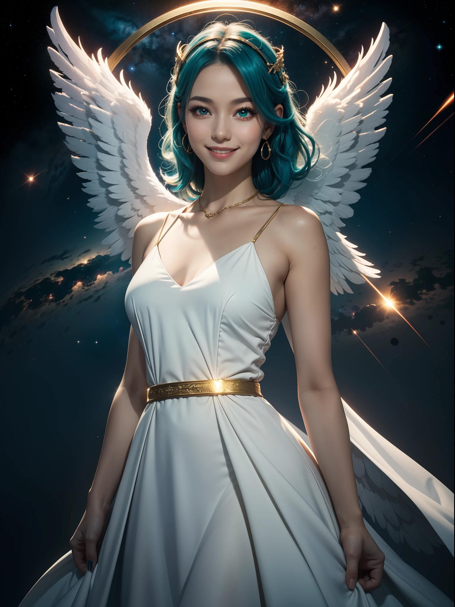 a woman, teal hair, red eyes, smile, angel wings, golden halo, white dress, standing upright, in outer space, Milky Way in the background, stars in the distance, upper body