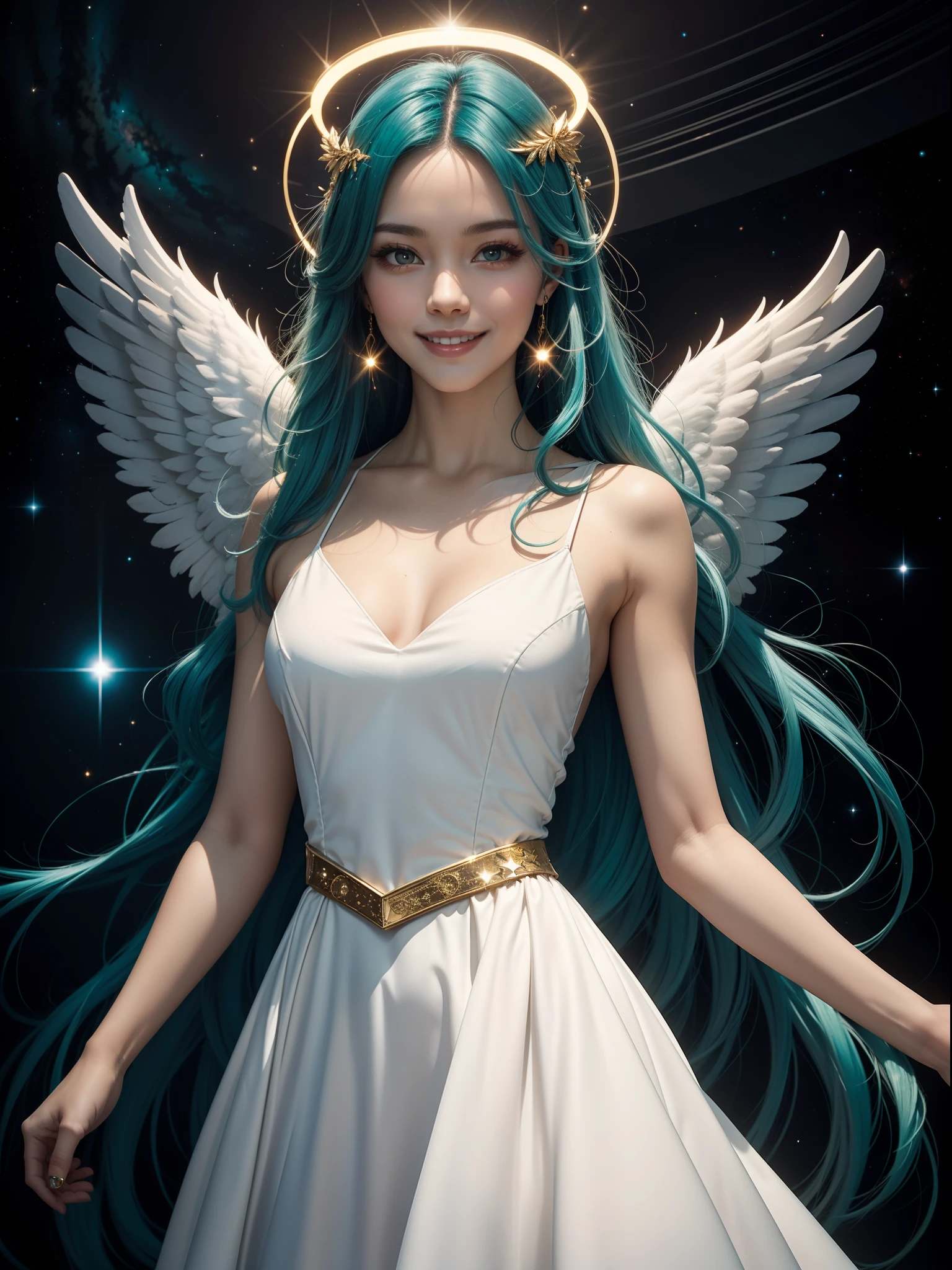 a woman, teal hair, red eyes, smile, angel wings, golden halo, white dress, standing upright, in outer space, Milky Way in the background, stars in the distance, upper body