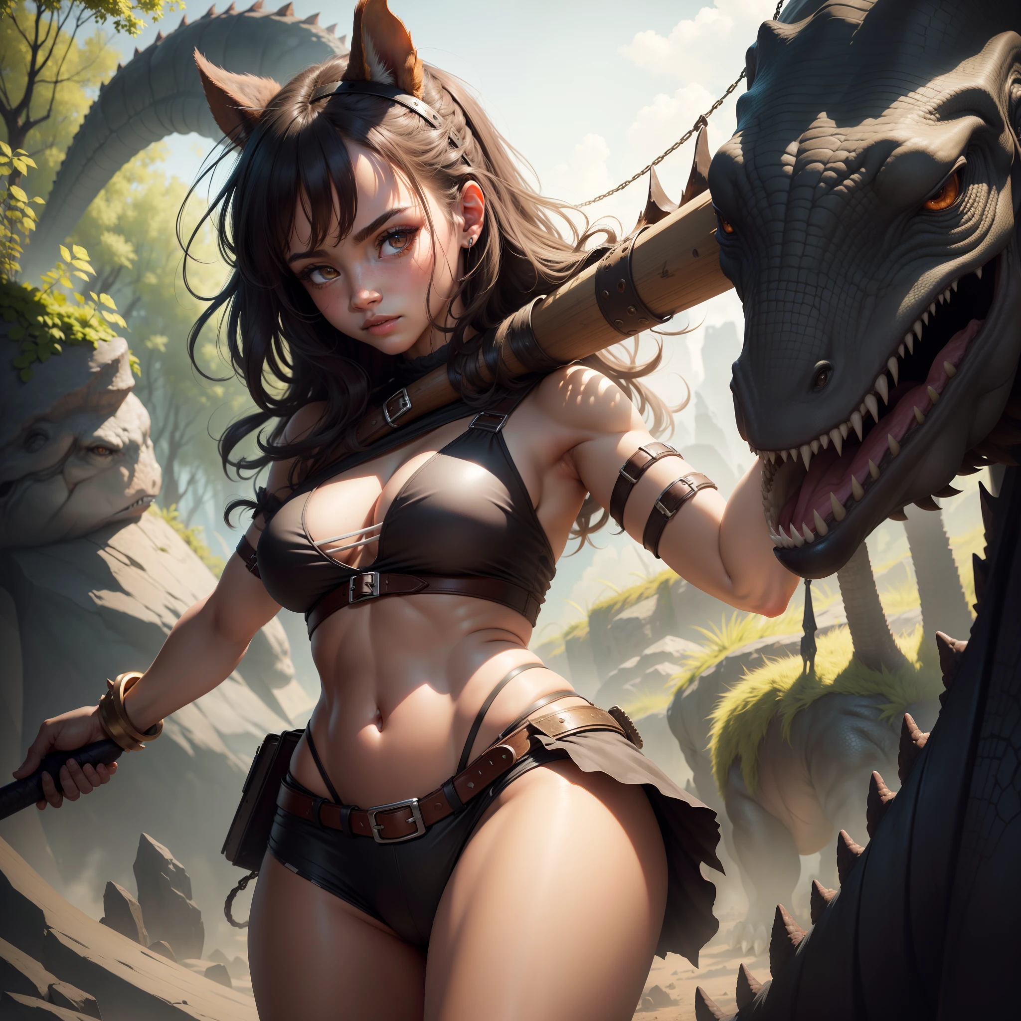 (ultra-detailed background, detailed background), absurdres, highres, ultra detailed, extremly detailed, 1girl, Neanderthal features and carrying a huge weapon. Pet dinosaur next to her.