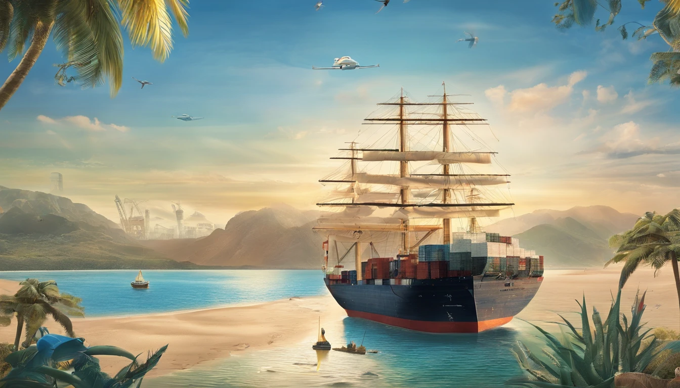 Generate a poster，The dimensions are 6 meters long and 3 meters wide，Sunny beach in the background，Container ships sail on the sea，There are transport planes in the sky，Don't have characters