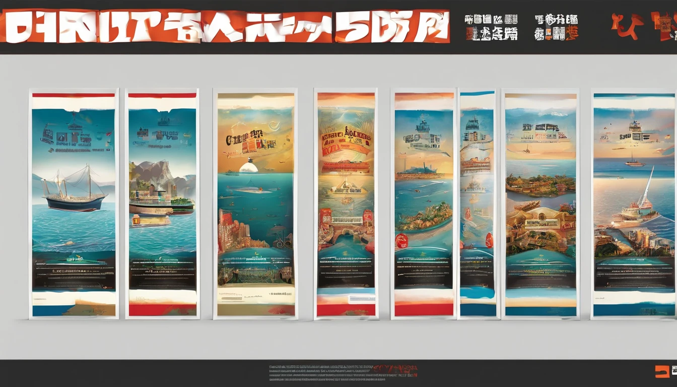 Generate a poster，The dimensions are 6 meters long and 3 meters wide，Sunny beach in the background，Container ships sail on the sea，There are transport planes in the sky，Don't have characters