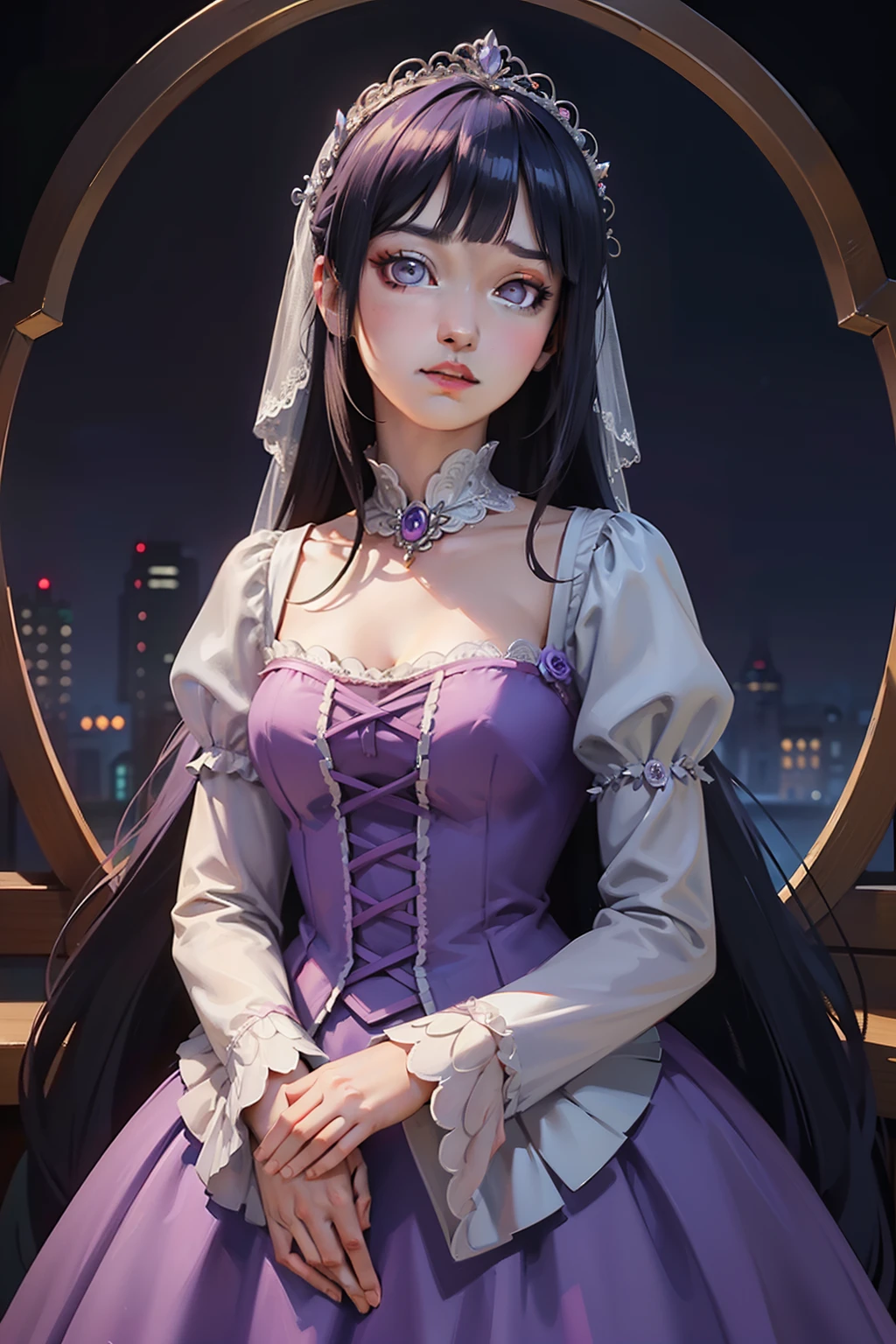 Dress in gorgeous wedding dresses inspired by Disney characters (( Rapunzel)), The long darkblue hair was inspired by ((Disney character Rapunzel)), In the pink rose field, The soft purple gorgeous wedding dress is inspired by: (( Disney character Rapunzel)), (( soft purple rapunzel style dress)), top-quality, Masterpiece, 超A high resolution, Photorealsitic, 1girll, , ((top-quality、8K、Masterpiece:1.3))、1girl in、Long dark blue hairstyle, Super detailed face、二重まぶた、True and delicate skin、Realistic and detailed, purple eyes, Blunt Bangs