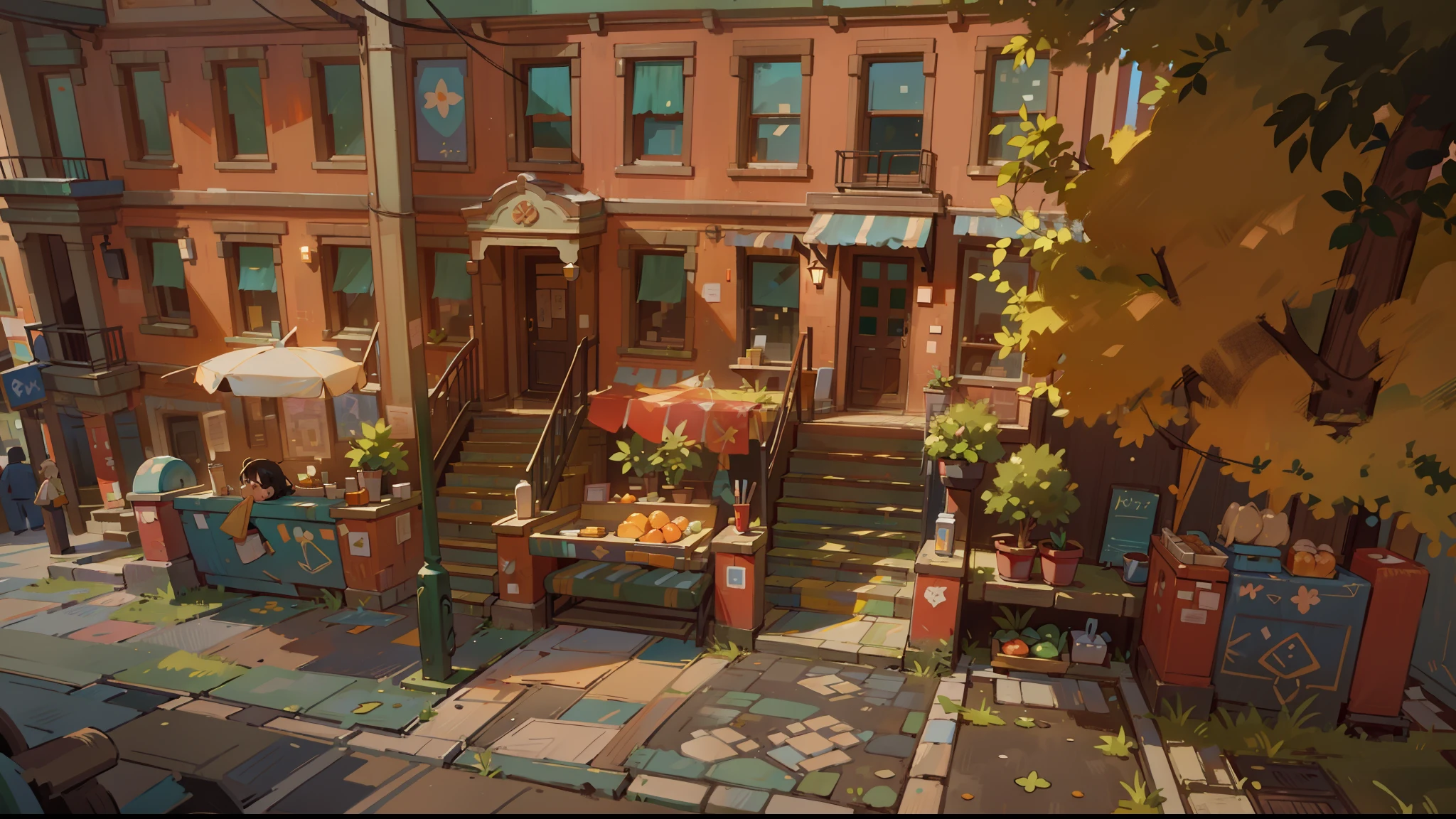 A vibrant neighborhood scene with a lively atmosphere, bustling streets, and diverse architecture. The focal point is a charming café with outdoor seating, The café is adorned with colorful murals and vibrant flowers. The surrounding buildings feature a mix of modern skyscrapers, cozy townhouses, and historic landmarks, showcasing the rich history of the neighborhood. The streets are lined with trees, casting dappled shadows on the sidewalks. There are street vendors selling a variety of goods, adding to the hustle and bustle. The scene is illuminated by warm street lamps and the glow of the setting sun, creating a cozy and inviting ambiance. The overall quality of the image is of the highest standard (best quality, 4k, 8k, highres, masterpiece:1.2), with ultra-detailed elements and a realistic, photorealistic style. The color palette is vibrant and lively, with a mix of contrasting tones and a touch of bokeh to add depth and visual interest. The lighting is carefully crafted to create a warm and inviting atmosphere, with soft, diffused light casting a gentle glow over the scene.