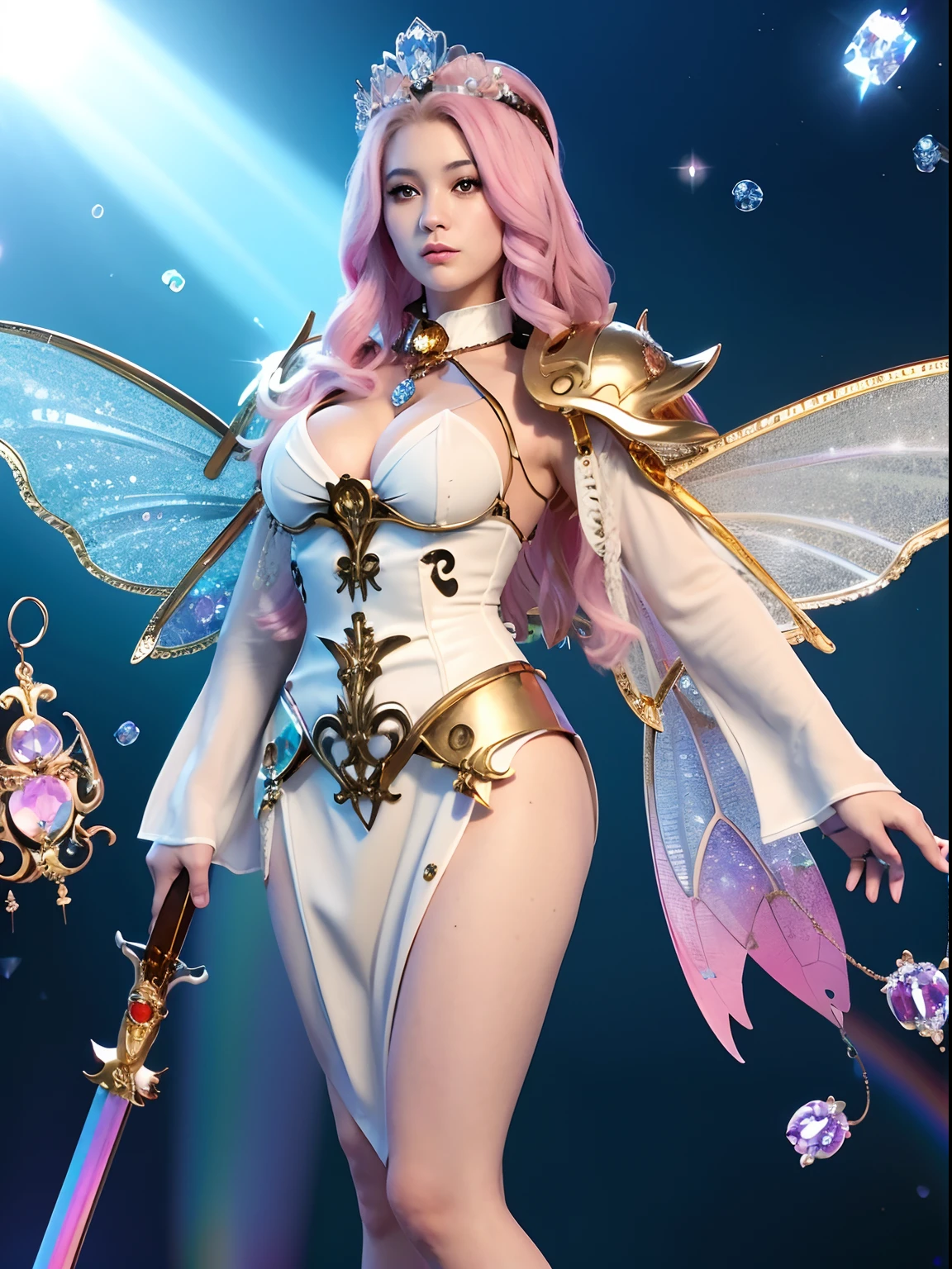 (A smile), Professional , ​masterpiece、top-quality、photos realistic , depth of fields （Gemstone White Metal Body:1.９),(Matte White、Jewel Gold Weapon、（Gorgeous castle background）、（ultimate beauty girl）、（Rainbow fairy wings grow）、Particles of light、（Metal body of iridescent gemstones:1.９),Gorgeous Jewel Metal Weapons ,（maikurobikini）、 Detailed Sword of the Brave ,（ Pink hair）   ,warhammer 40k , adepta sororitas,Detail and ornate jewel crown、独奏、Brown hair、Mystical expression、cleavage of the breast、（Gangle's forest background）、Beautiful Caucasian beauty、１a person、dynamic ungle,(((Diamond tiara with detail and luxury)))、a small face、Powerful poses、（Gorgeous castle background）、huge filesize、A teenage girl、Stand in the center of the screen、Thin female fingers、Straight long hair、Beautiful Caucasian beauty、（maikurobikini）、Hair fluttering in the wind、Look at viewers、（Armpit）、Toostock、