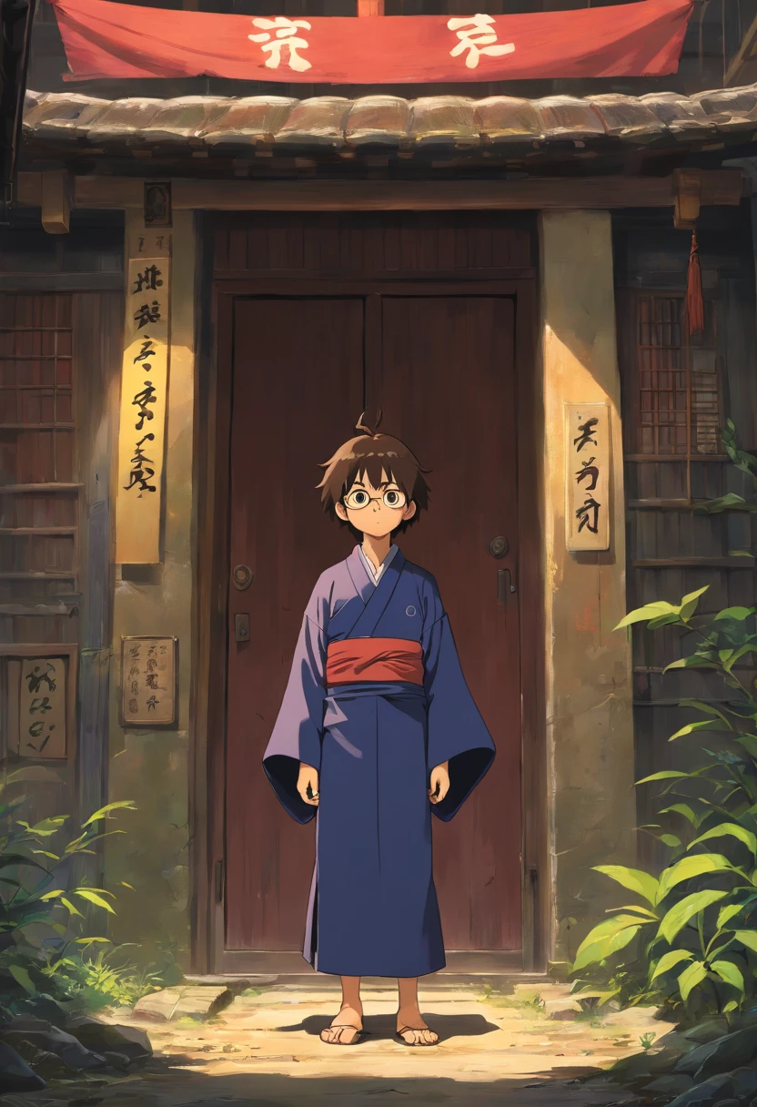 Powerful taller abandoned age protagonist, Dirt on the face, Dark kimono clothing