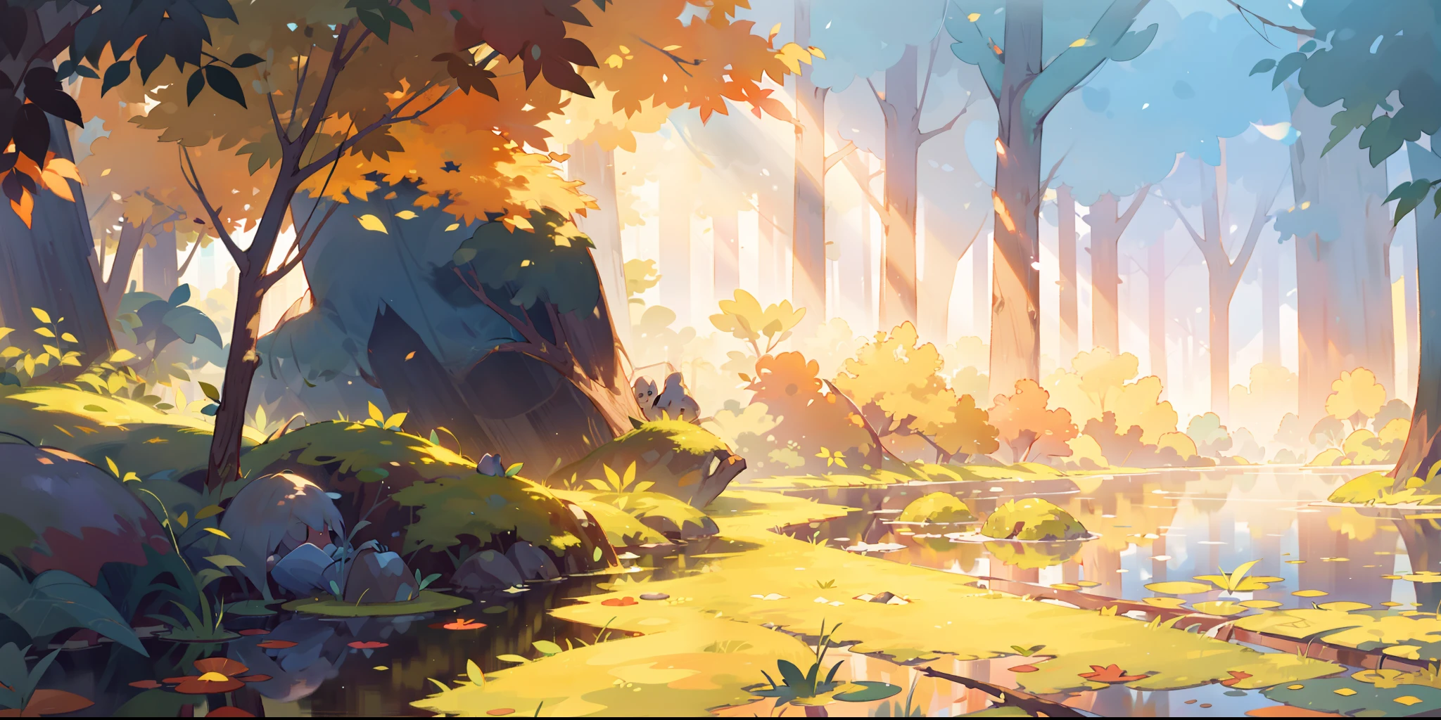 orange forest,reflecting lake,sunrays peeking through trees,dense foliage,misty haze,autumn colors,golden leaves,tranquil atmosphere,silence broken only by gentle breeze,rich textures and details,ultra-realistic lighting,high-definition masterpiece,enchanted feeling,colorful palette,serene ambiance,subtle reflections,mesmerizing beauty,impressionistic style,vibrant hues,serene and mystical,forest floor covered in fallen leaves,rippling water,shimmering reflections,playful shadows,harmonious blend of colors,peaceful solitude,warm and inviting,immersive experience,amazingly detailed foliage and branches,meticulous attention to detail,natural and organic,ethereal and dreamlike.