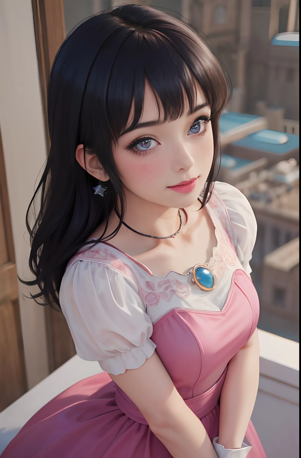 (masterpiece, best quality, highres:1.4), absurdres, 1girl, star eye, (princess peach), blush, (realistic:1.5), purple eyes, happy, BREAK, pink dress, cute girl,white arm glove, from above,
cowboy shot,perfect illumination, distinct, looking at viewer, sidelighting, perfect face, detailed face,Blunt bangs, perfect body, beautiful eyes, pretty face, bright skin, idol, long dark blue hair,
beautiful castle, beautiful city, (silk)