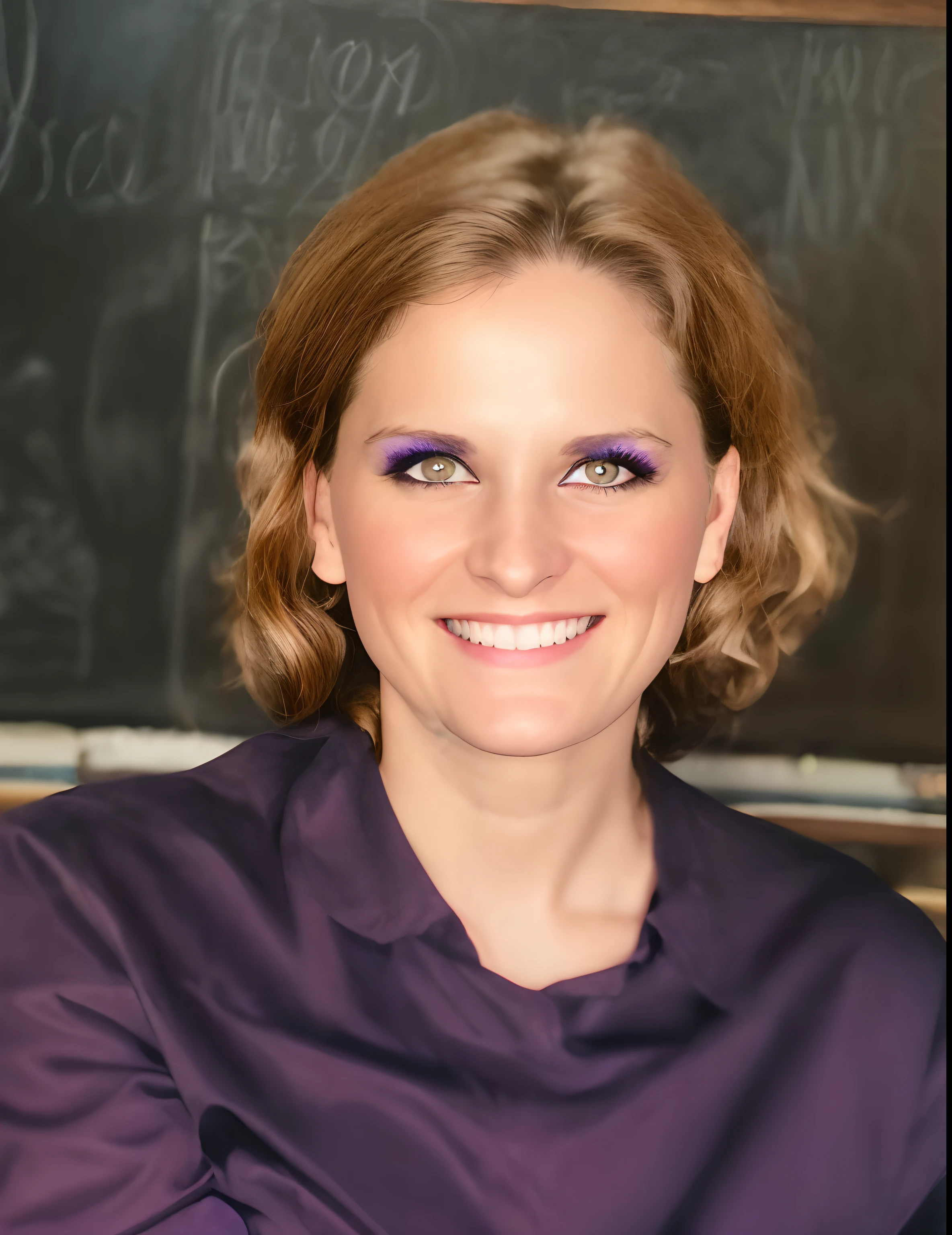 smiling woman with purple eyes and purple shirt sitting in front of a blackboard, jennifer wuestling, taken in the early 2020s, miranda meeks, headshot photo, laurie greasely, headshot profile picture, karen carr, portrait image, photo portrait, gina heyer, emily rajtkowski, laura zalenga, laurie greasly