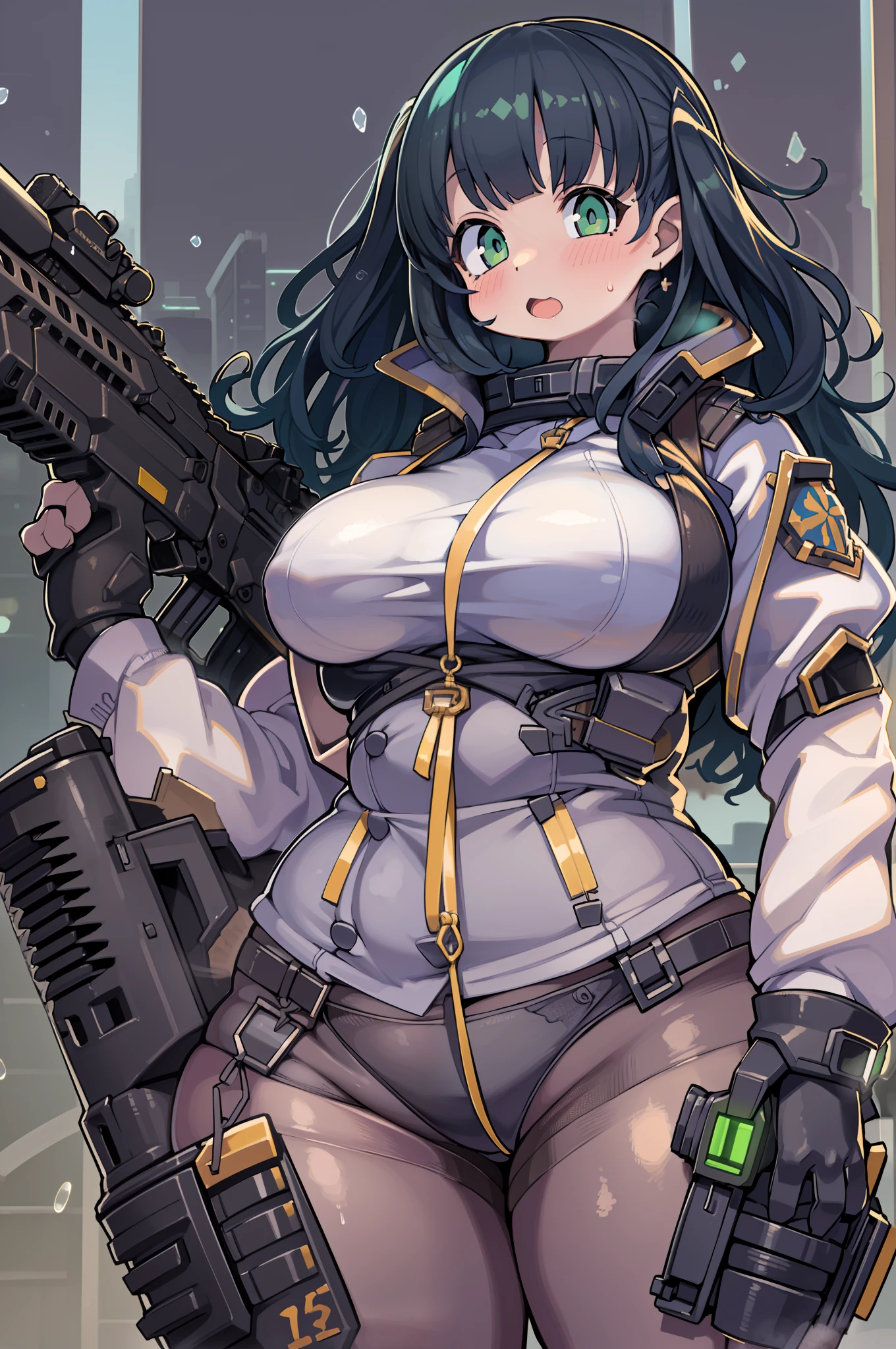 (((Hold a huge assault rifle)))、Long sideburns、Anime-style girl with beautiful whole body, clean detailed faces, ciber,analogous colors, Glowing shadows, beautiful gradients, depth of fields, CLEAN IMAGE, High quality,Black Parker Clothing、 high detailing, High Definition, blush, Fit, Heavenly Beauty, Very detailed, Soft lighting, Full body,Green&Black hair,Green eyes、(((huge-breasted))),Very Wide Shot、bbw、big butts、In heavy rain、Huge assault rifle、chubby、big butts、