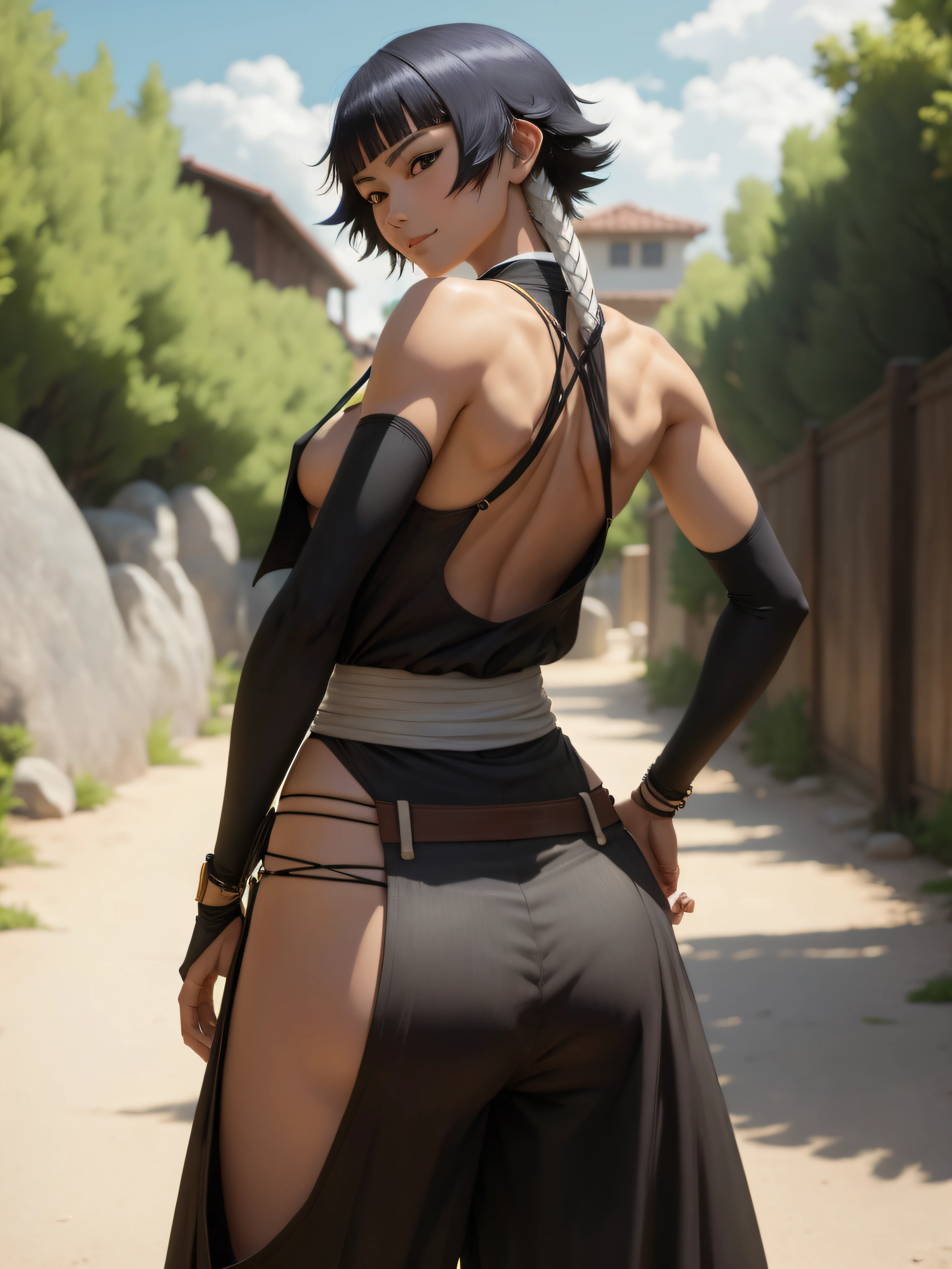 ( anime screencap:1.1),outdoors,
1girl, solo, black hair, sideboob,standing, short hair with long locks, hip vent, short hair, small breasts, (brown eyes:1.1),black hakama, no bra, gloves, hakama skirt,low twin braids,sash,cowboy shot, from behind, looking back, , back,backless outfit, looking at viewer, smirk,from below, hands on hips,
