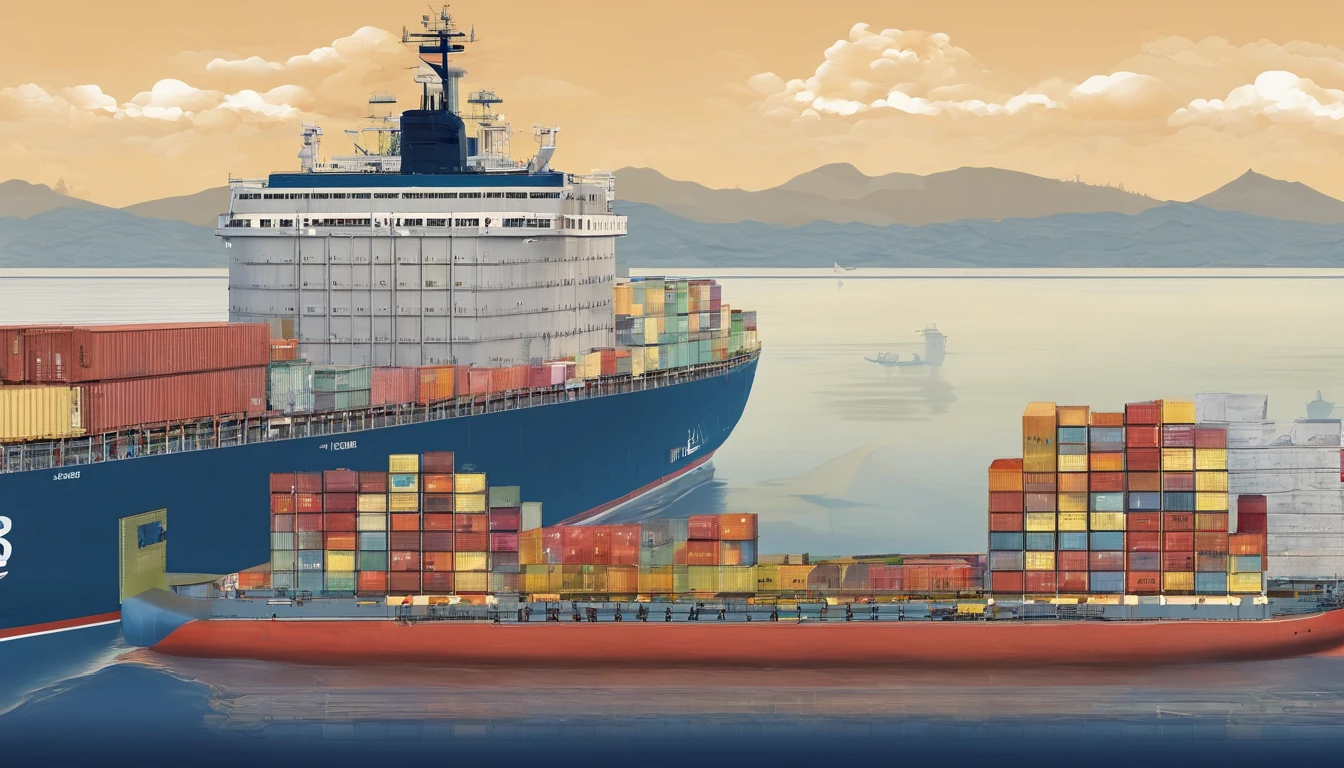 Generate a poster,The dimensions are 3 meters wide and 6 meters long,The background is Jinmachi Bay, Shanwei City,Container ships sail on the sea,There are transport planes in the sky,Don't have characters