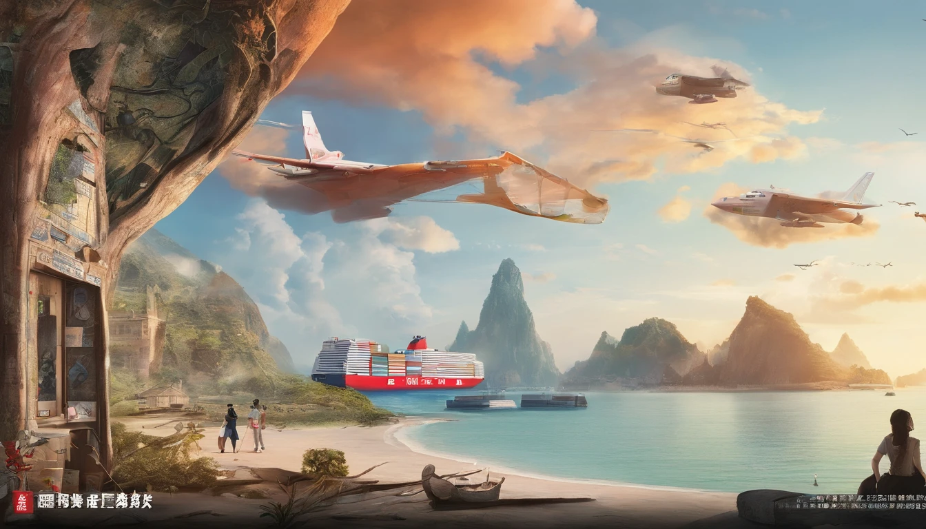 Generate a poster,The dimensions are 3 meters wide and 6 meters long,The background is Jinmachi Bay, Shanwei City,Container ships sail on the sea,There are transport planes in the sky,Don't have characters