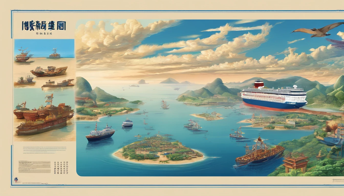 Generate a poster,The dimensions are 3 meters wide and 6 meters long,The background is Jinmachi Bay, Shanwei City,Container ships sail on the sea,There are transport planes in the sky,Don't have characters