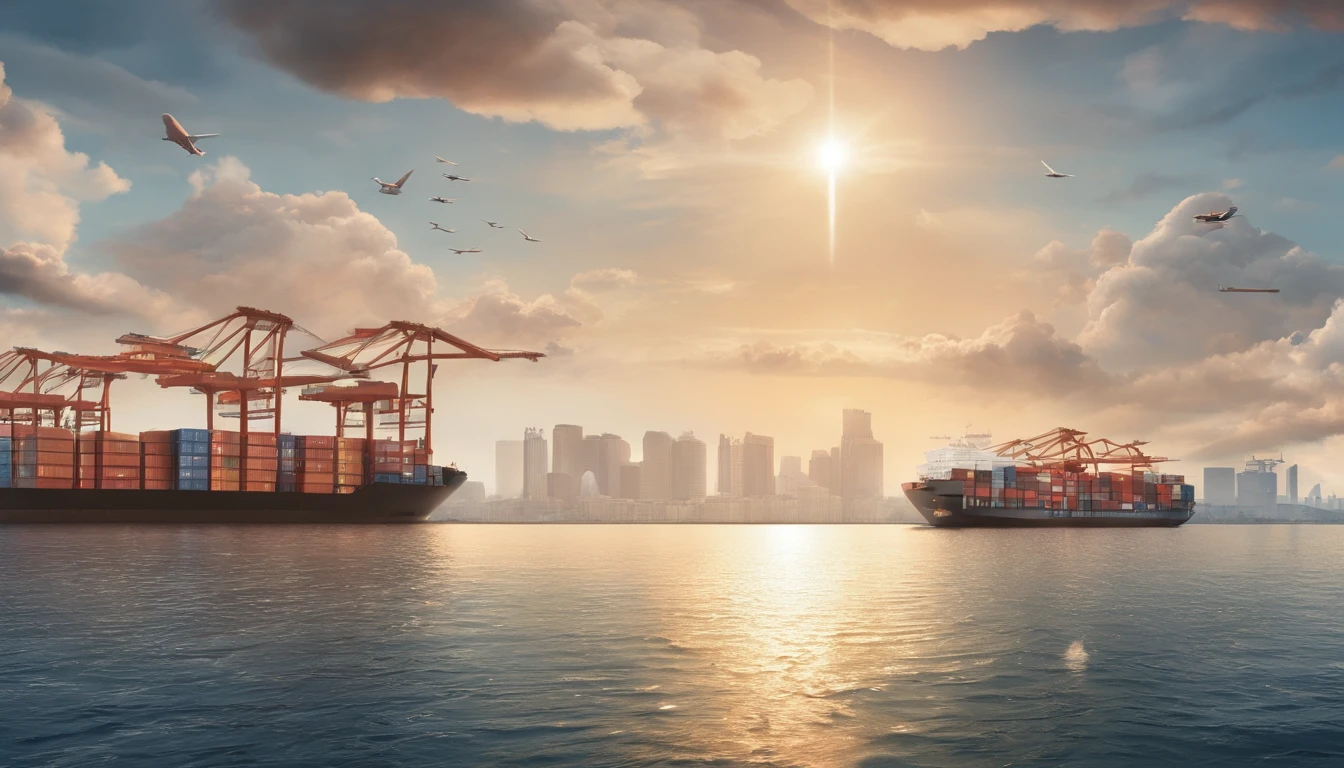 Generate a poster,The dimensions are 3 meters wide and 6 meters long,The background is Jinmachi Bay, Shanwei City,Container ships sail on the sea,There are transport planes in the sky,Don't have characters
