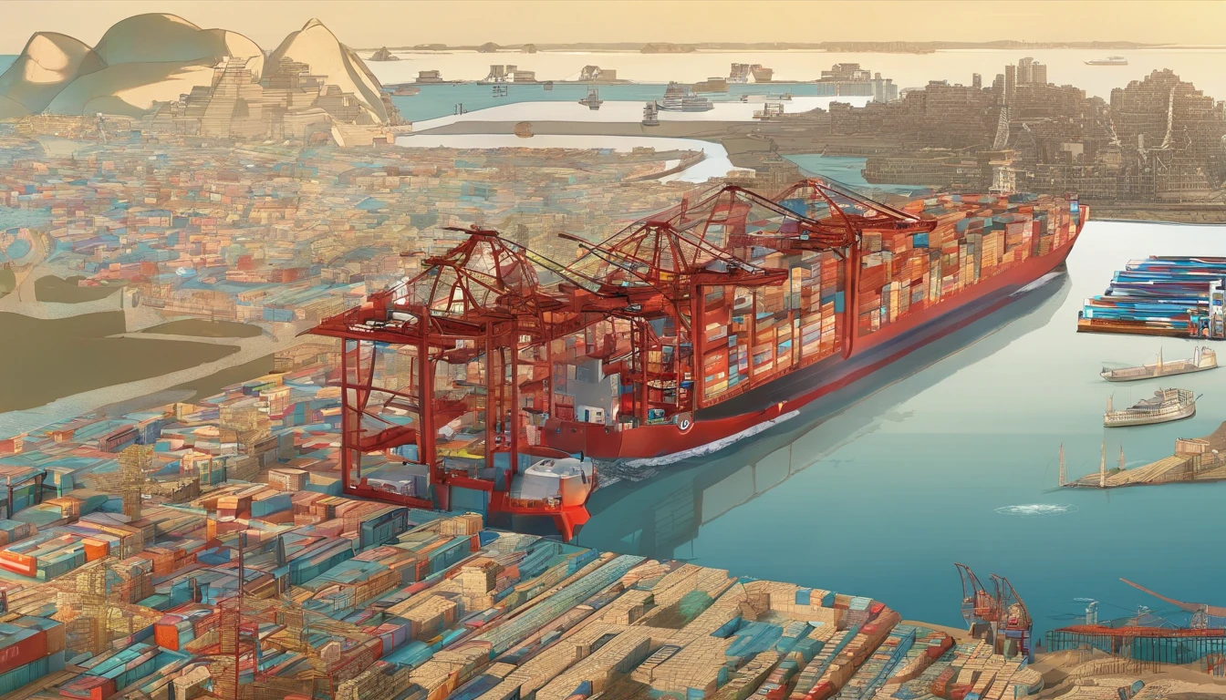 Generate a poster,The dimensions are 3 meters wide and 6 meters long,The background is Jinmachi Bay, Shanwei City,Container ships sail on the sea,There are transport planes in the sky,Don't have characters