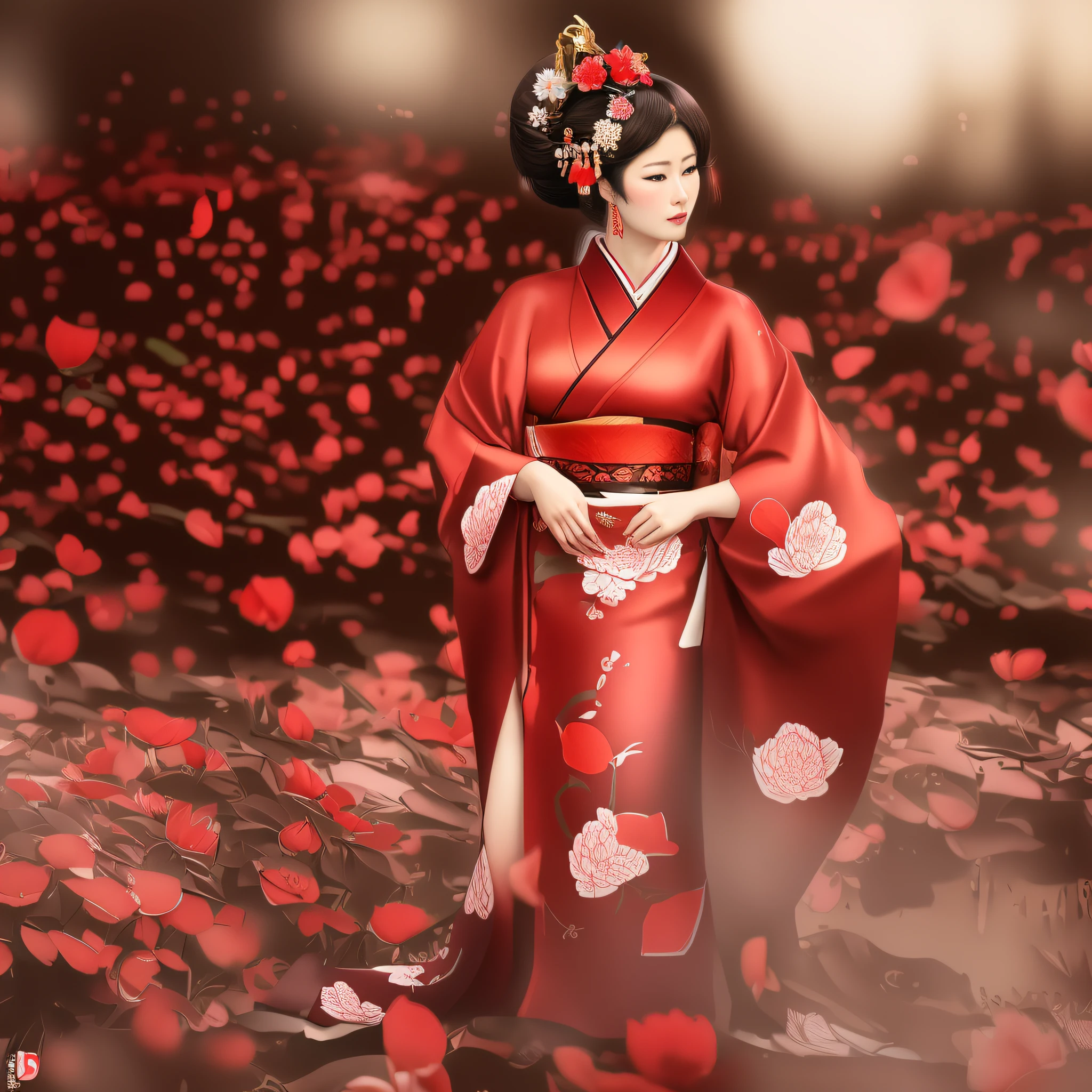 Araffe in a red kimono standing in a field of flowers, quimono vermelho, gueixa japonesa, kimono japanese, red kimono with flower patterns, Gueixa da beleza, gueixa, Roupas tradicionais de gueixas, traditional japanese, Hanfu, Mulher japonesa, mulher japonesa elegante, Cores tradicionais japonesas, japanesepopartstyle, geisha photo portrait, quimono.