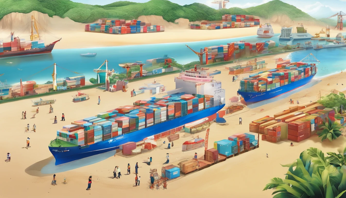 Generate a poster,The dimensions are 3 meters wide and 6 meters long,The background is a scene of the sunny beach of Jinmachi Bay, Shanwei City,Container ships sail on the sea,There are transport planes in the sky,Don't have characters