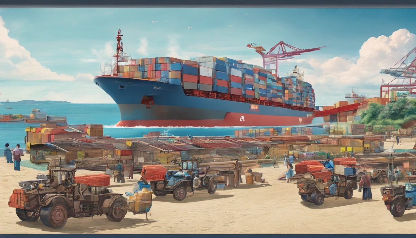 Generate a poster,The dimensions are 3 meters wide and 6 meters long,The background is a scene of the sunny beach of Jinmachi Bay, Shanwei City,Container ships sail on the sea,There are transport planes in the sky,Don't have characters