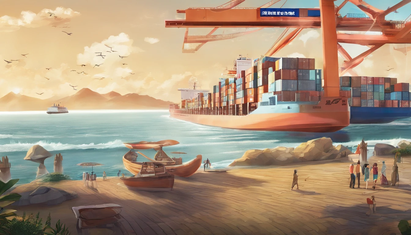 Generate a poster,The dimensions are 3 meters wide and 6 meters long,The background is a scene of the sunny beach of Jinmachi Bay, Shanwei City,Container ships sail on the sea,There are transport planes in the sky,Don't have characters