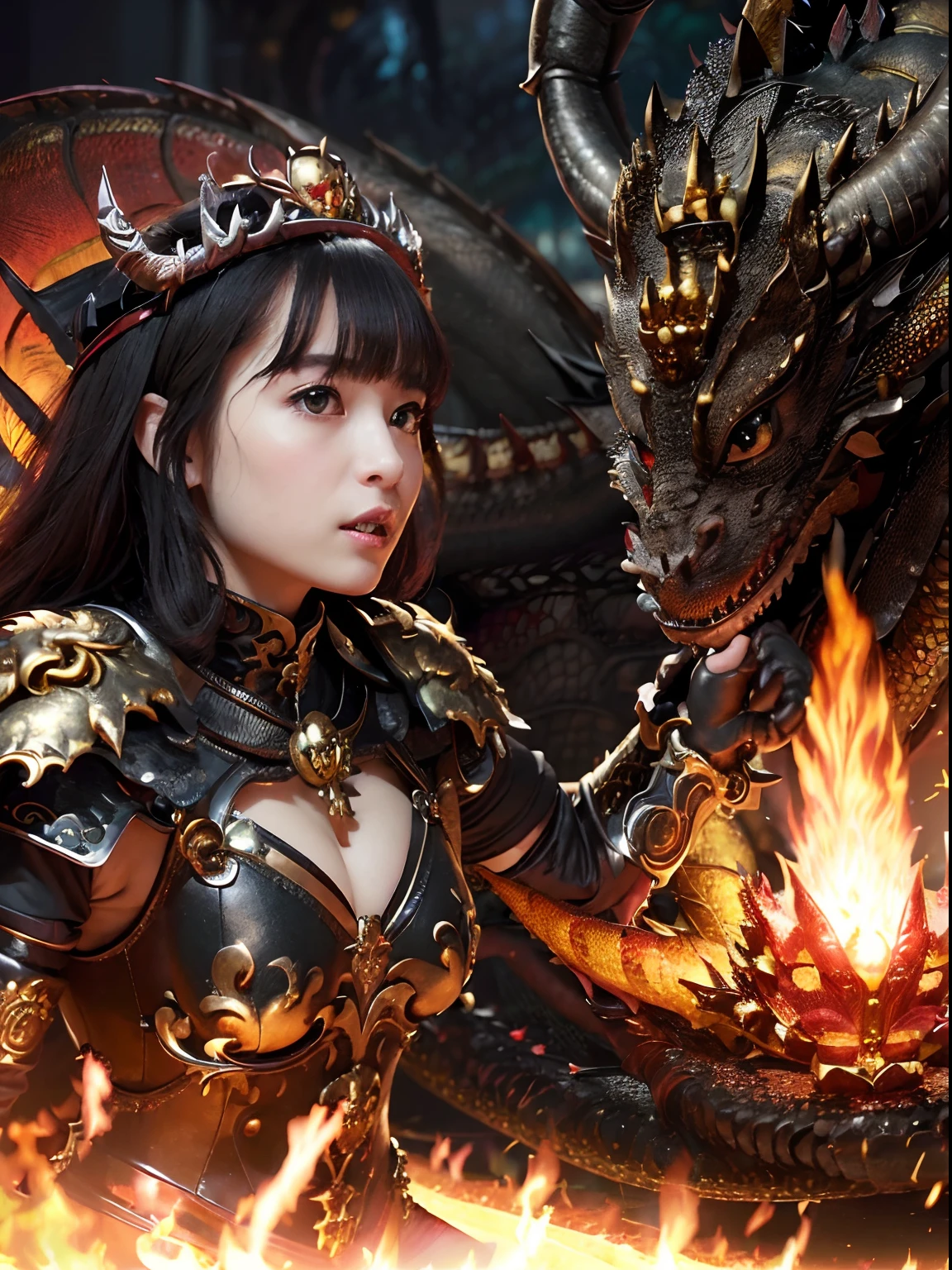 (The Ultimate Beauty Face), Professional , masterpiece、top-quality、photos realistic , depth of fields (Gemstone Black Metal Body:1.4),(Matte Black、(cleavage of the breast)、Dragon Gold Weapon,Mystical expression、Particles of light、((((Fight dragons)))、(a beauty girl)、(Dragon Metal Body:1.4),Gorgeous Silver Weapons ,(( Dragon's dense and gorgeous sword)) , Beautiful knife ,warhammer 40k , adepta sororitas,Detail and gorgeous crown、((Red hair))、(Castle background)、、((Gangle's forest background))、Beautiful Caucasian beauty、1a person、dynamic ungle,(((Detailed and ornate Black Devil Crown)))、Smaller head、A smile、Castle background、Thin and beautiful female hands、cleavage of the breast、Soldier in iron armor on background、Mystical expression、Light Effects、intense fighting、Wind-effect、magic circles、With the legendary magic wand、(demonic wings)、