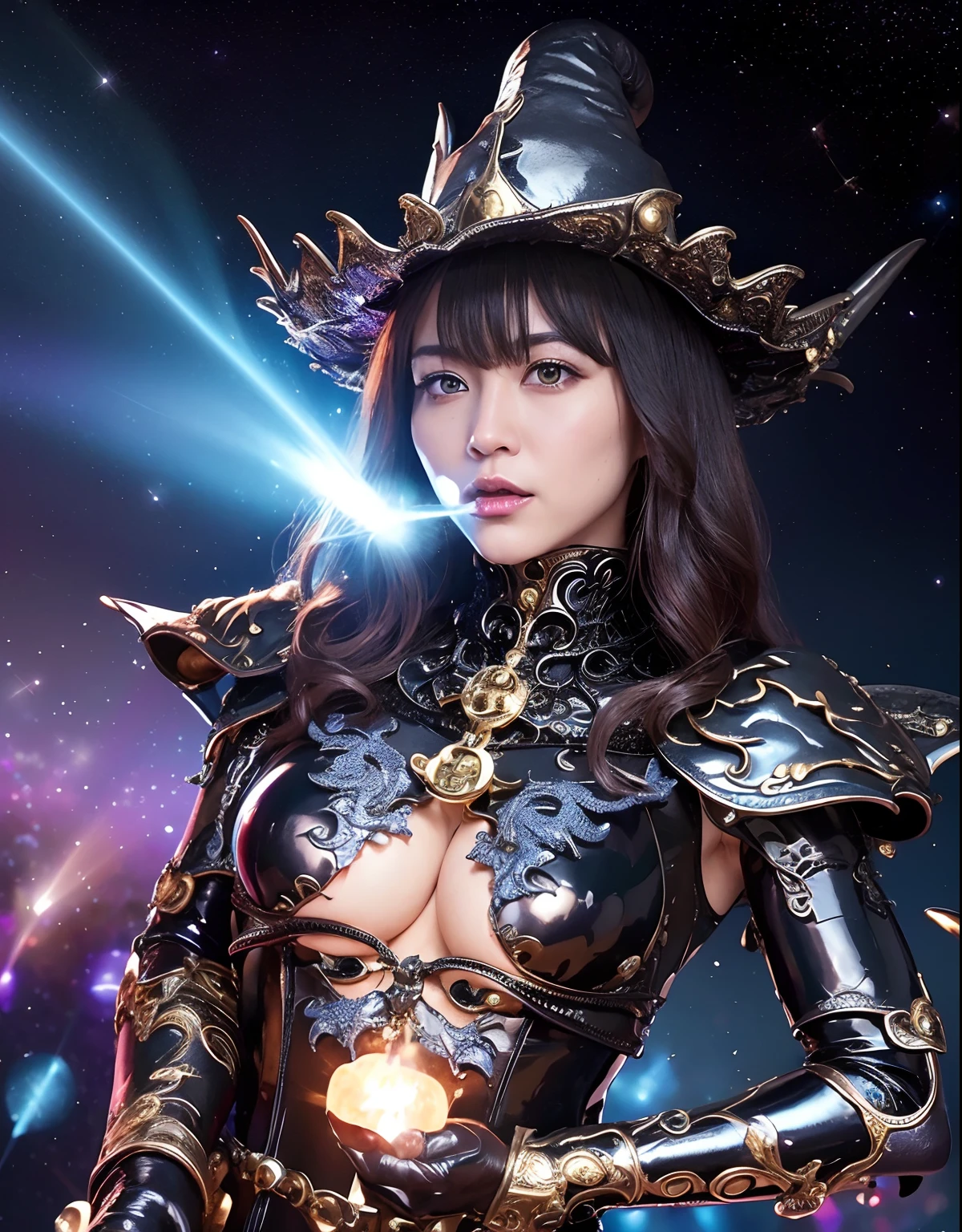 ((World of Darkness)),Professional , masterpiece、top-quality、photos realistic , depth of fields 、(((With a magic wand of gems))),(Dragon White Metal Body:1.9),(latexsilver-blue、A detailed face、(cleavage of the breast)(Fight dragons)、、(((Particles of light))),(Micro Bikini Armor:1.7),Beauty face、Gorgeous gold weapons ,(Fight dragons)、Seductive look、(blood splattere、((((With a magic wand))), ) , (((Wearing a black latex wizard hat))),(demonic wings) ,((a blond))、(Castle background)、((Gangle's forest background))、Beautiful Caucasian beauty、1a person、dynamic ungle,(((Detailed and ornate dragon wizard hat)))、Smaller head、A smile、Castle background、Thin and beautiful female hands、cleavage of the breast、Soldier in iron armor on background、Mystical expression、Light Effects、intense fighting、Wind-effect、magic circles、With the legendary magic wand、Dragon's tail、explosions、Toostock、Toostock、