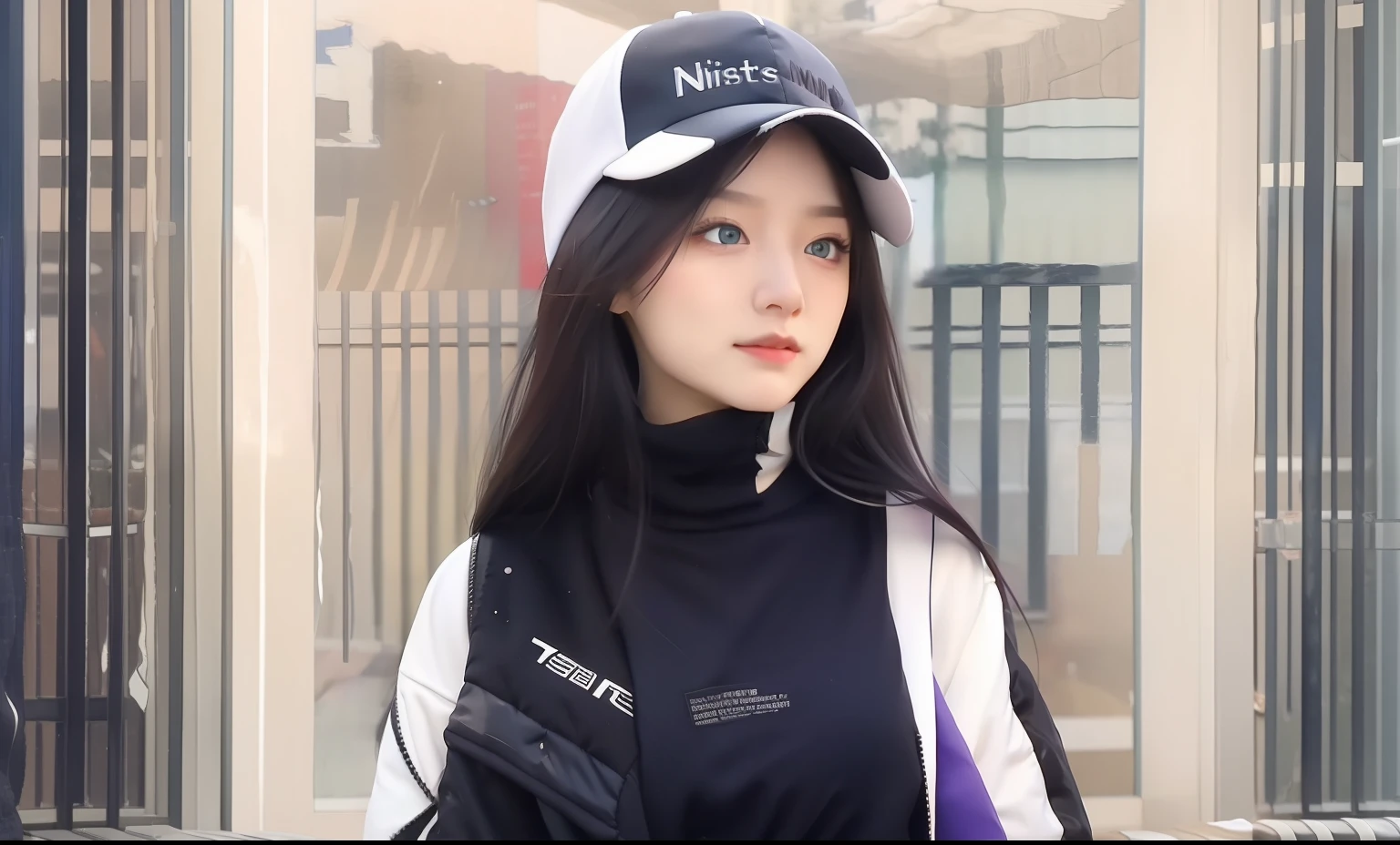 masterpiece, best quality, 4k, UHD, mishoujo, painting, beautiful eyes and detailed face, illustration, beautiful detailed, high resolution illustration, glowing_white_particles, 1girl, white hair, light purple eye, hair over one eye, short sidetail, baseball cap,expressionless, window shade, black jacket, chest rig, cyberpunk, techwear,(Impressionism:1.4)