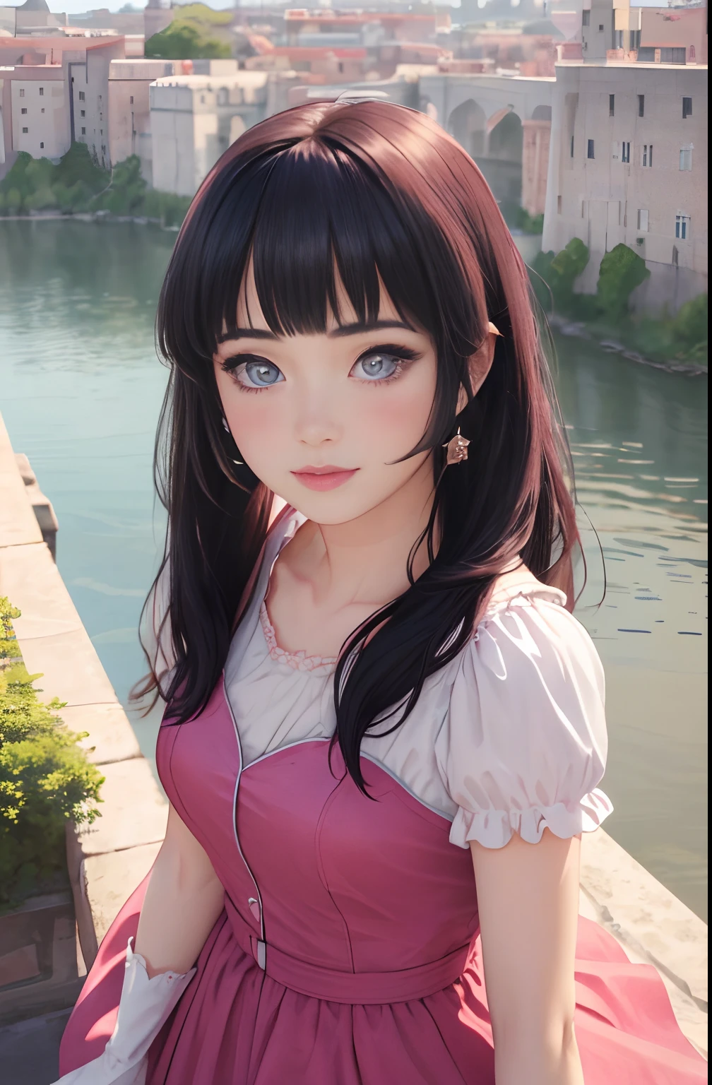 (masterpiece, best quality, highres:1.4), absurdres, 1girl, star eye, (princess peach), blush, (realistic:1.5), purple eyes, happy, BREAK, pink dress, cute girl,white arm glove, from above,
cowboy shot,perfect illumination, distinct,  looking at viewer, sidelighting, perfect face, detailed face,Blunt bangs, perfect body, beautiful eyes, pretty face, bright skin, idol, long dark blue hair,
beautiful castle, beautiful city, (silk)