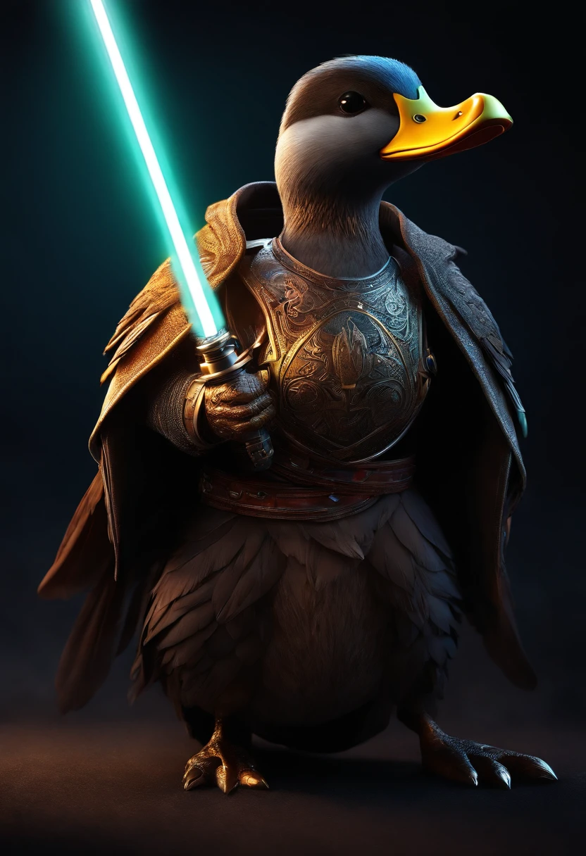 duck holding light saber,tattoo style, vibrant colors, detailed feathers, intense eyes, glowing saber, dark background, powerful stance, menacing aura, intricate tattoo design, high-resolution masterpiece:1.2, photorealistic rendering, dramatic lighting, dynamic composition, action-packed scene, epic battle, sci-fi theme, Sci-fi Duck, majestic presence