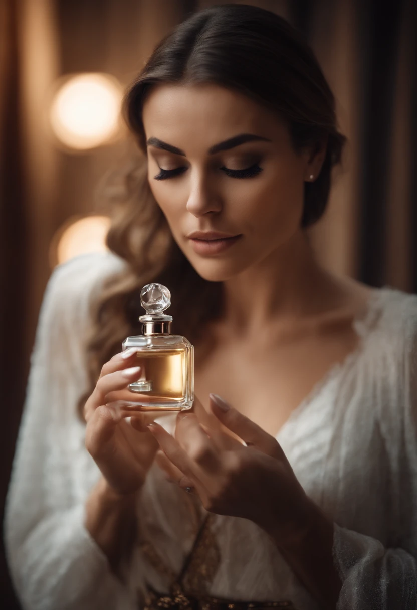 Sexy woman with perfume in hand