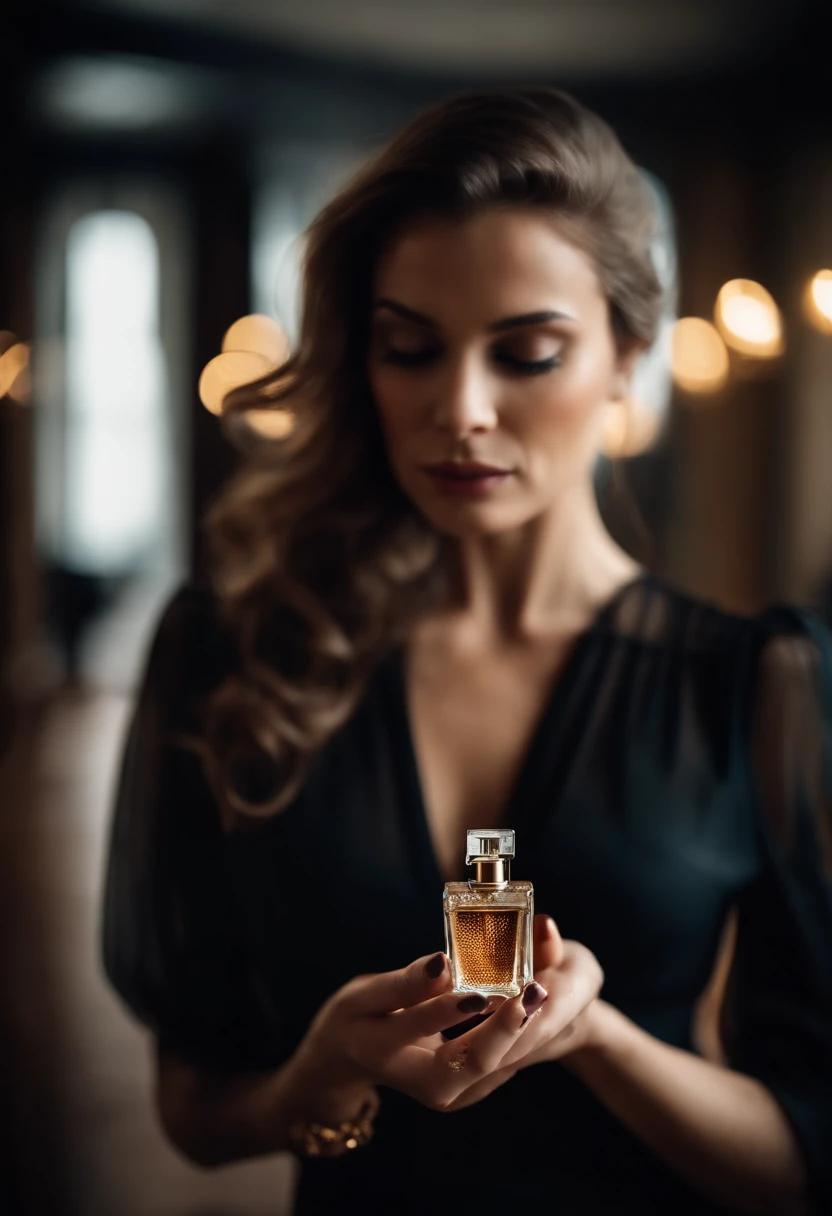 Sexy woman with perfume in hand