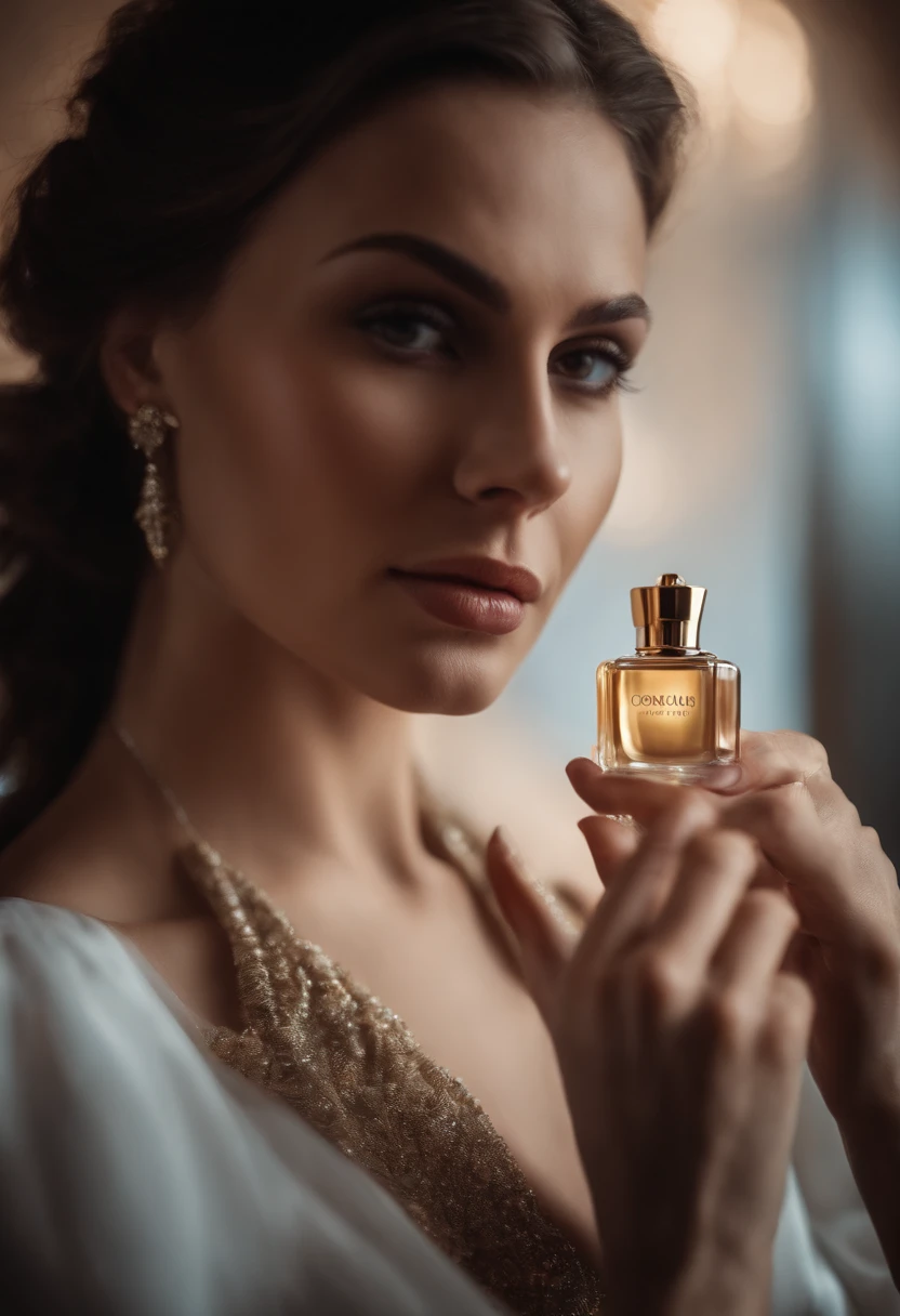 Sexy woman with perfume in hand