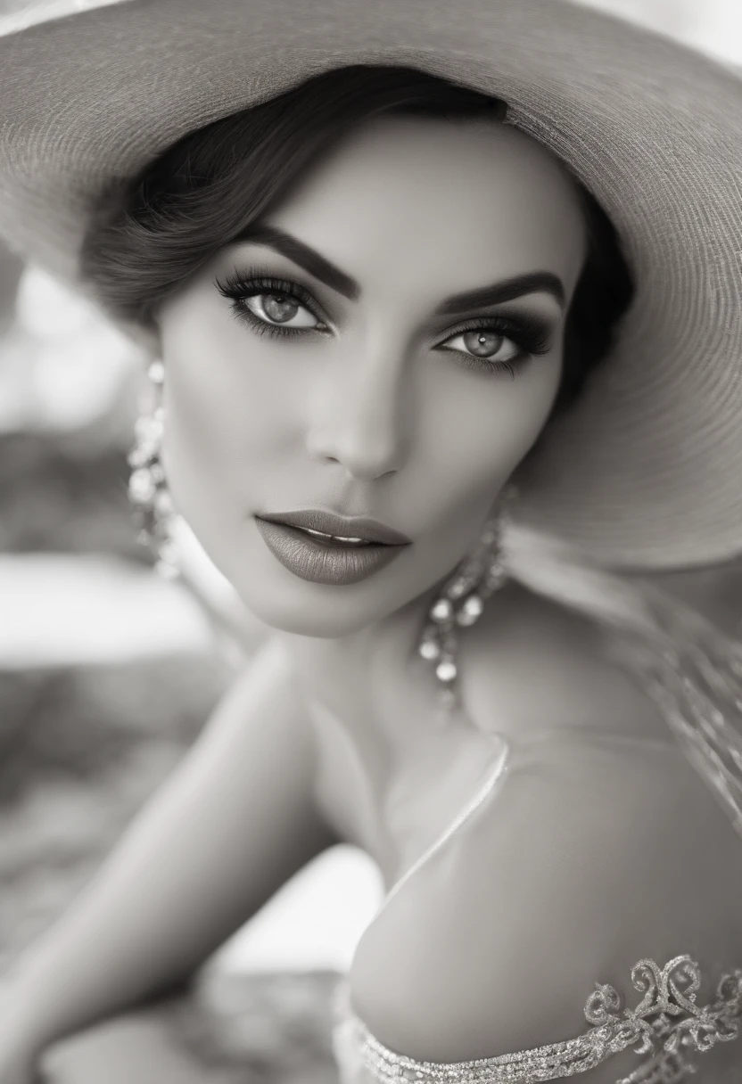 Describe a woman who radiates confidence and sensuality. Explore your magnetic presence, highlighting its elegance, charm and a unique combination of sophistication and boldness. Foque em detalhes sutis, como seu sorriso cativante, postura graciosa e olhar provocante, demonstrating its power of seduction in a subtle and engaging way, desprovida de suas vestimentas.