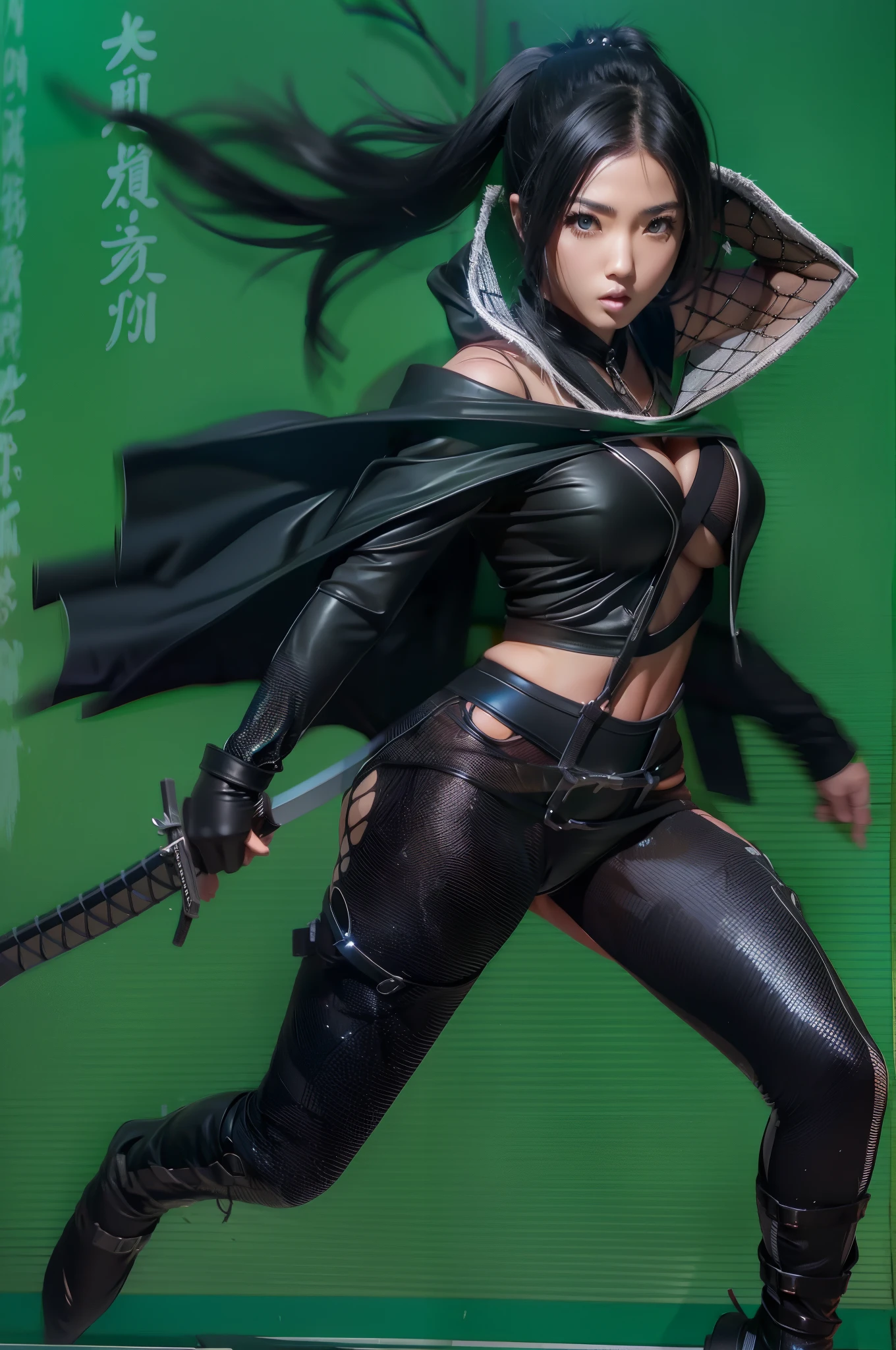 japanese woman jumping at camera in black skin tight leather outfit wielding two katana's, beautiful female assassin, cyberpunk samurai, large breast, cleavage, jet black hair in a pony tail, black tattered hooded cloak, close to camera, mid air, green screen background, beautiful face, blue eye's,
