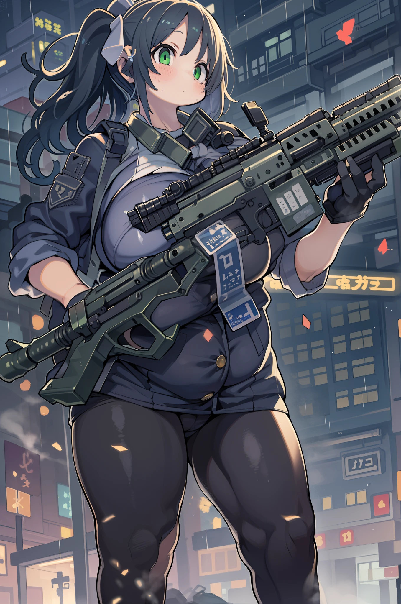 (((Hold a huge assault rifle)))、Long sideburns、Anime-style girl with beautiful whole body, clean detailed faces, ciber,analogous colors, Glowing shadows, beautiful gradients, depth of fields, CLEAN IMAGE, High quality,Black Parker Clothing、 high detailing, High Definition, blush, Fit, Heavenly Beauty, Very detailed, Soft lighting, Full body,Green＆Black hair,Green eyes、(((huge-breasted))),Very Wide Shot、bbw、big butts、In heavy rain、Huge assault rifle、chubby、big butts、