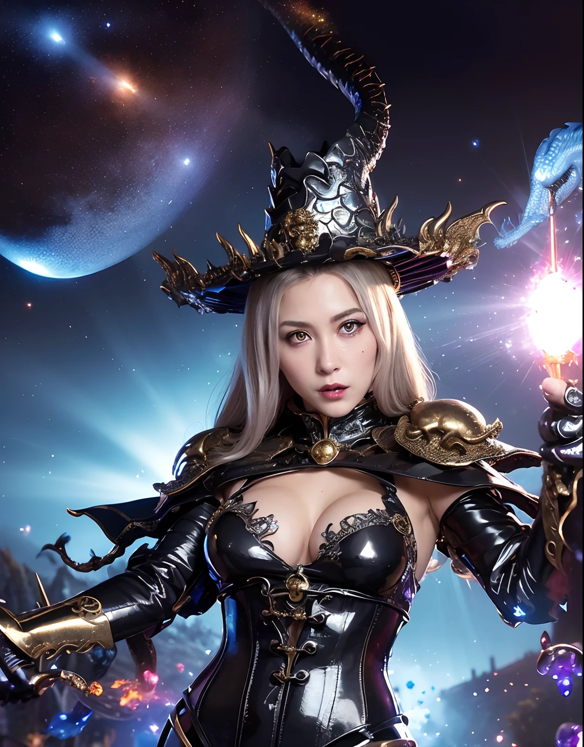 ((World of Darkness)),Professional , masterpiece、top-quality、photos realistic , depth of fields 、(((With a magic wand of gems))),(Dragon White Metal Body:1.9),(latexsilver-blue、A detailed face、(cleavage of the breast)(Fight dragons)、、(((Particles of light))),(Micro Bikini Armor:1.7),Beauty face、Gorgeous gold weapons ,(Fight dragons)、Seductive look、(blood splattere、((((With a magic wand))), ) , (((Wearing a black latex wizard hat))),(demonic wings) ,((a blond))、(Castle background)、((Gangle's forest background))、Beautiful Caucasian beauty、1a person、dynamic ungle,(((Detailed and ornate dragon wizard hat)))、Smaller head、A smile、Castle background、Thin and beautiful female hands、cleavage of the breast、Soldier in iron armor on background、Mystical expression、Light Effects、intense fighting、Wind-effect、magic circles、With the legendary magic wand、Dragon's tail、explosions、Toostock、Toostock、