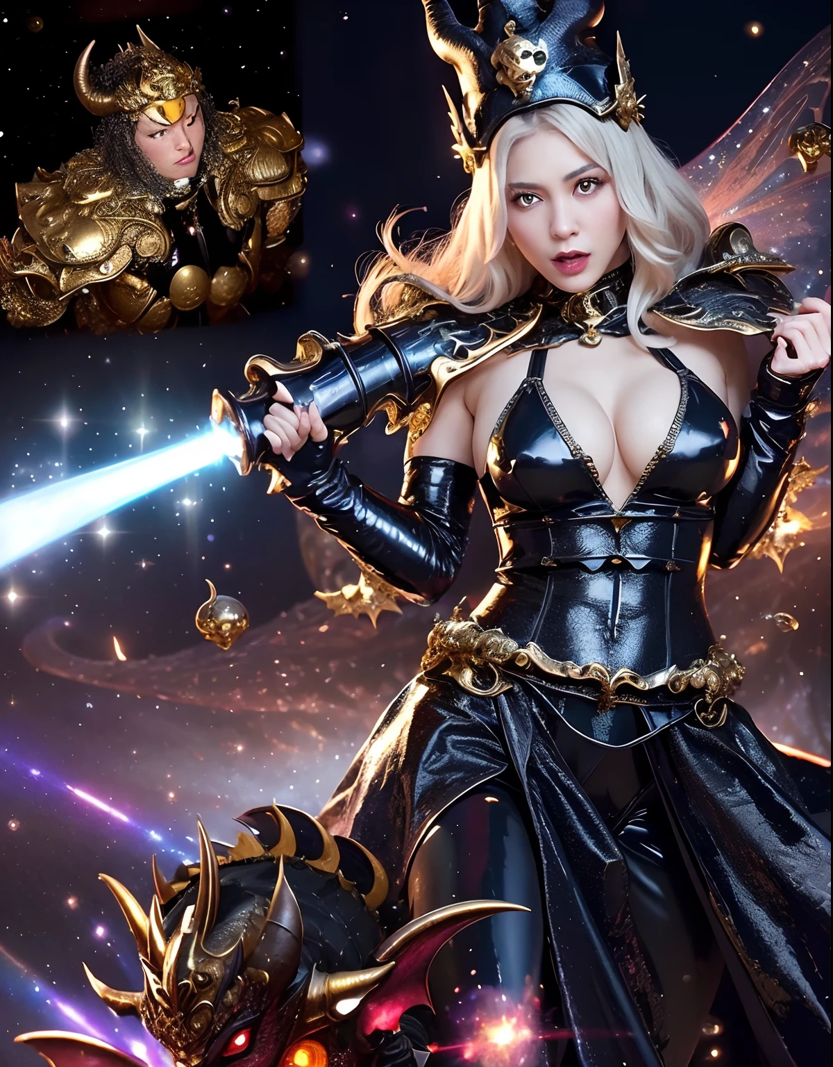 ((World of Darkness)),Professional , masterpiece、top-quality、photos realistic , depth of fields 、(((With a magic wand of gems))),(Dragon White Metal Body:1.9),(latexsilver-blue、A detailed face、(cleavage of the breast)(Fight dragons)、、(((Particles of light))),(Micro Bikini Armor:1.7),Beauty face、Gorgeous gold weapons ,(Fight dragons)、Seductive look、(blood splattere、((((With a magic wand))), ) , (((Wearing a black latex wizard hat))),(demonic wings) ,((a blond))、(Castle background)、((Gangle's forest background))、Beautiful Caucasian beauty、1a person、dynamic ungle,(((Detailed and ornate dragon wizard hat)))、Smaller head、A smile、Castle background、Thin and beautiful female hands、cleavage of the breast、Soldier in iron armor on background、Mystical expression、Light Effects、intense fighting、Wind-effect、magic circles、With the legendary magic wand、Dragon's tail、explosions、Toostock、Toostock、