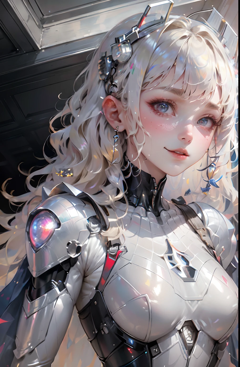 18yo Girl,White Spider-Man suit mech,short and wavy hair,blond hairbl,beautifulface,Sateen,the roof,tmasterpiece,exquisite detailing,Perfect anatomy,