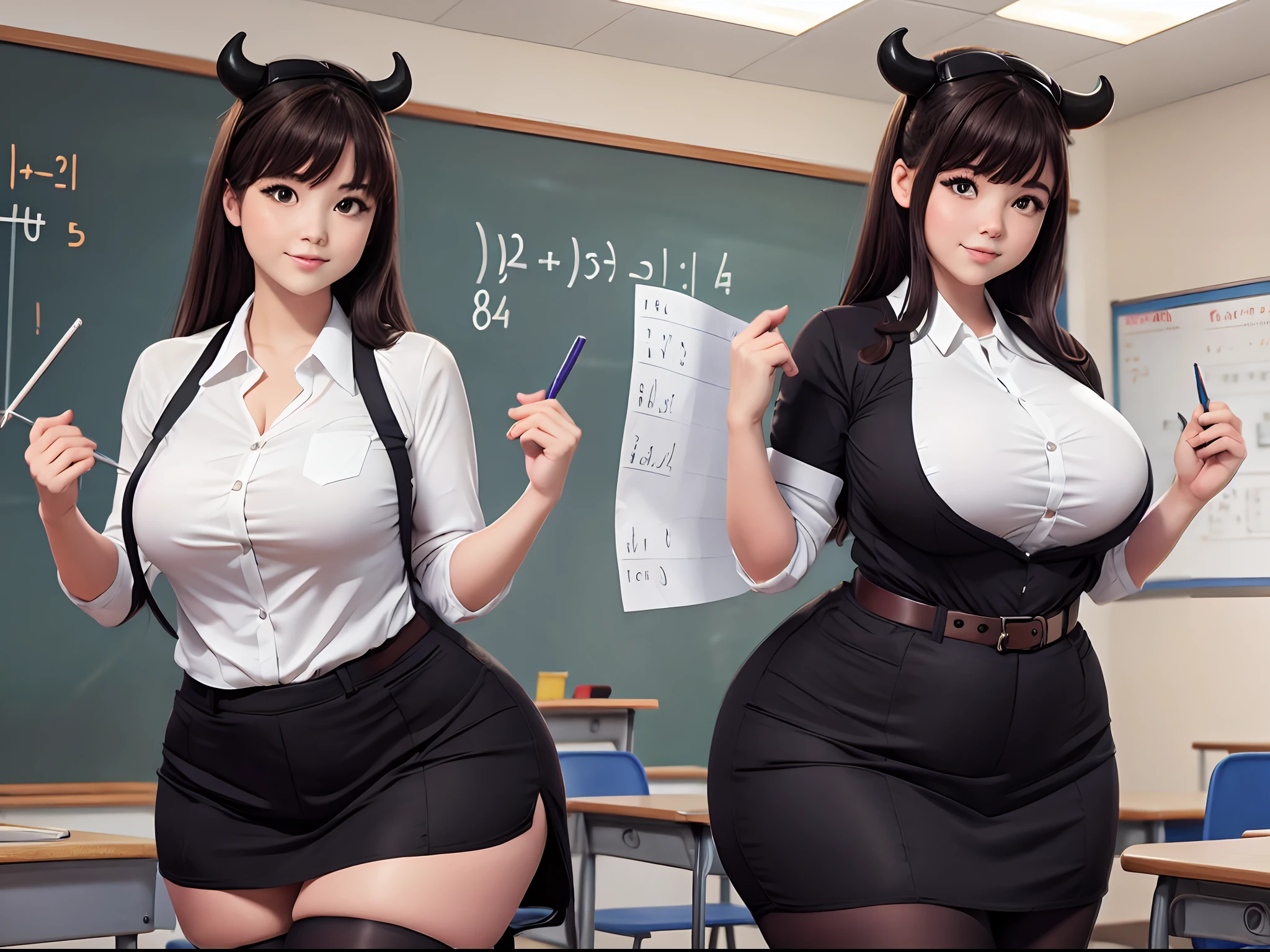 1girl, cow cosplay, thicc , she is a teacher, teaching math, indoors, classroom