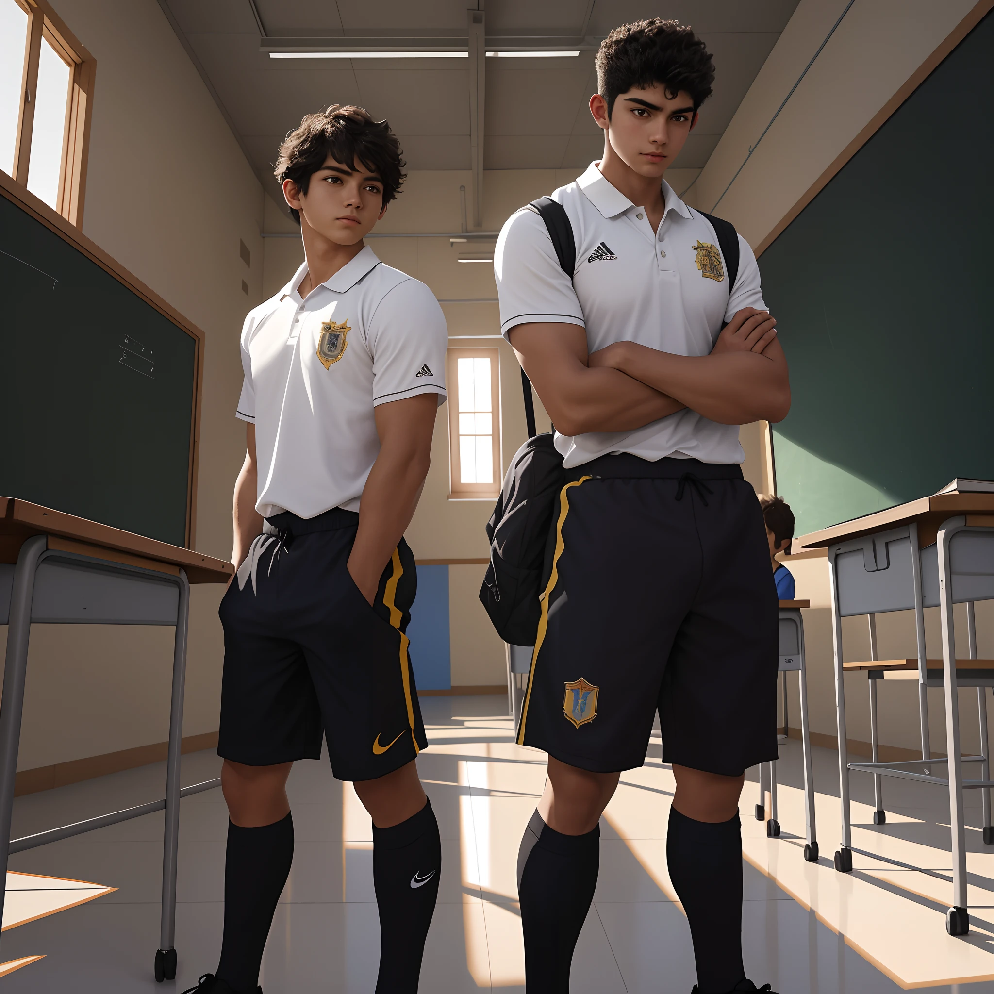 2boys , Parlero,  dentro, (obra maestra, La mejor calidad, absurdos ), escuela,Classroom, Ropa deportiva,looking at eachother , rubor claro,