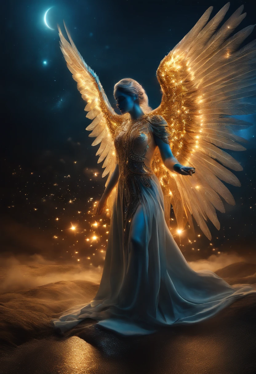 cosmic fallen angel, olhos claros brilhantes, Biomechanicals, estranho, assustador, Pesadelo, cores muito brilhantes, light particles, com luz brilhante, Mshiff, Arte do papel de parede, Papel de parede UHD