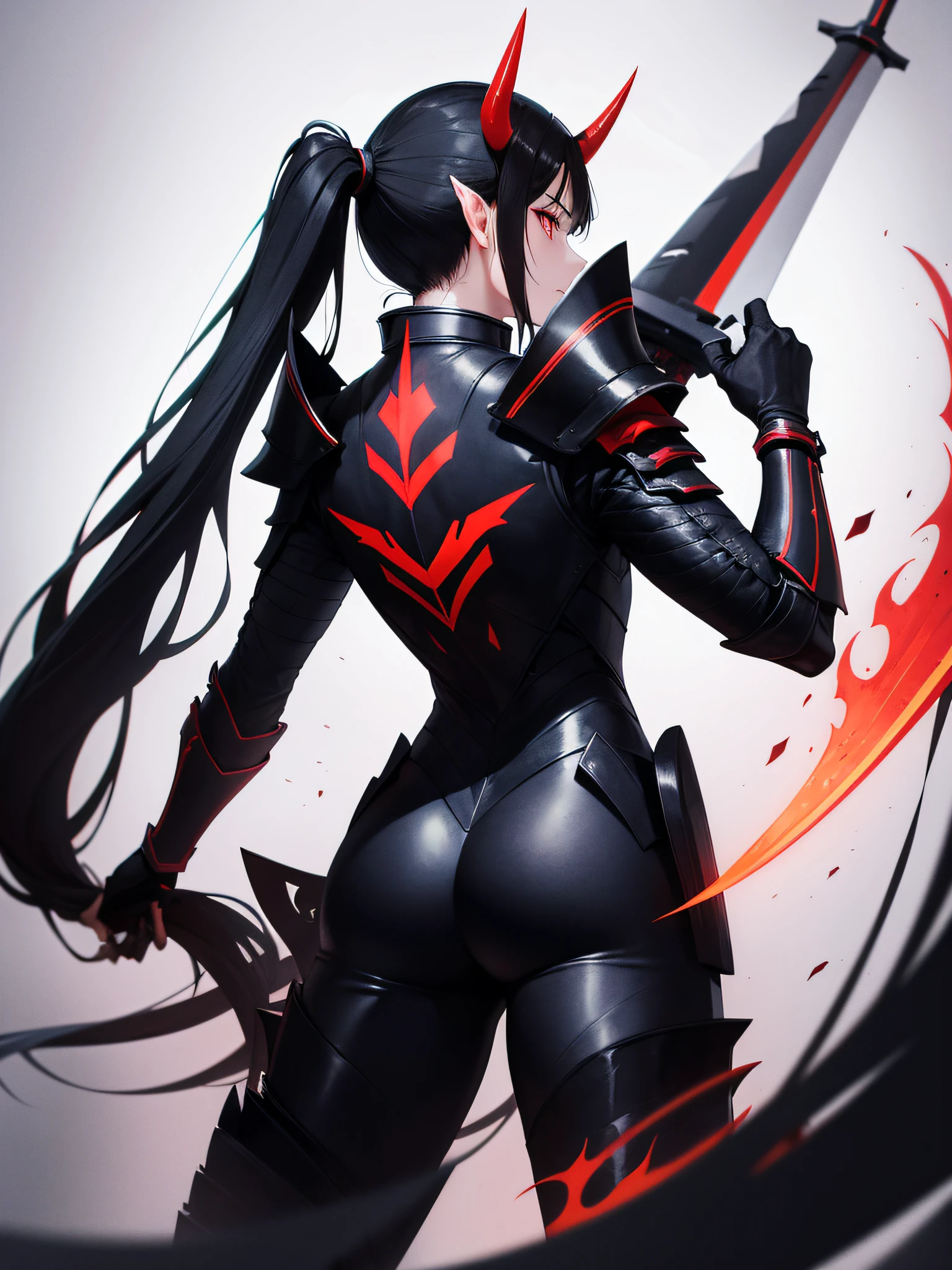 1man, long black hair, ponytail, red eyes, pointy ears, red horn, one horn, armor, dark suit, standing, pointing away, side profile, from behind, 1weapon, sword on hip, sheathed sword, gold accents, absurdres, high res, ultrasharp, 8K, masterpiece, looking at viewer