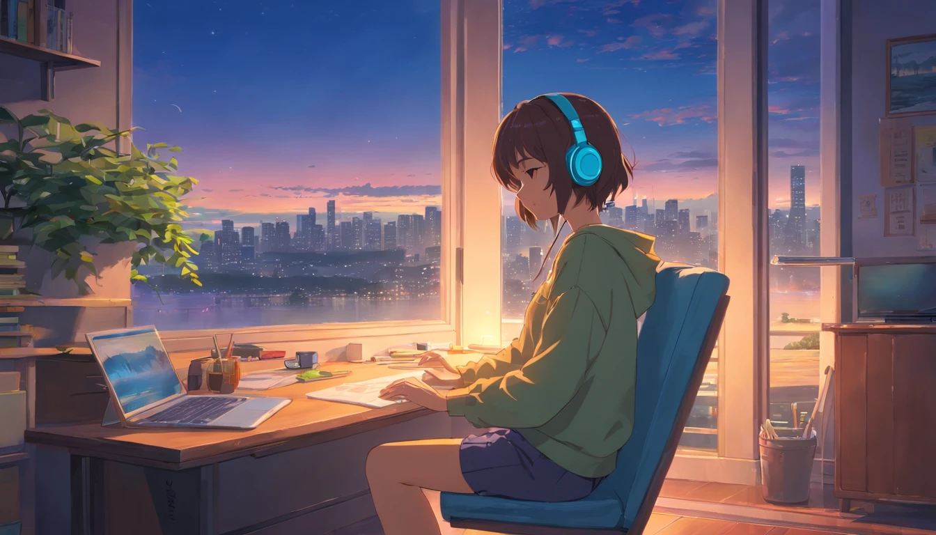 hiquality、4K、portlate、512、lo fi、Girl in headphones sitting on a chair、Take a nap at your desk、Eyes closed、City view outside the window、early evening、PastelColors、Painting