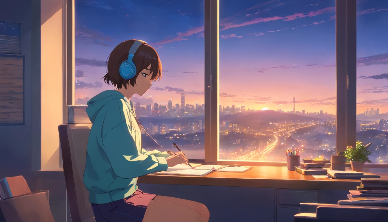 hiquality、4K、portlate、512、lo fi、Girl in headphones sitting on a chair、Take a nap at your desk、Eyes closed、City view outside the window、early evening、PastelColors、Painting