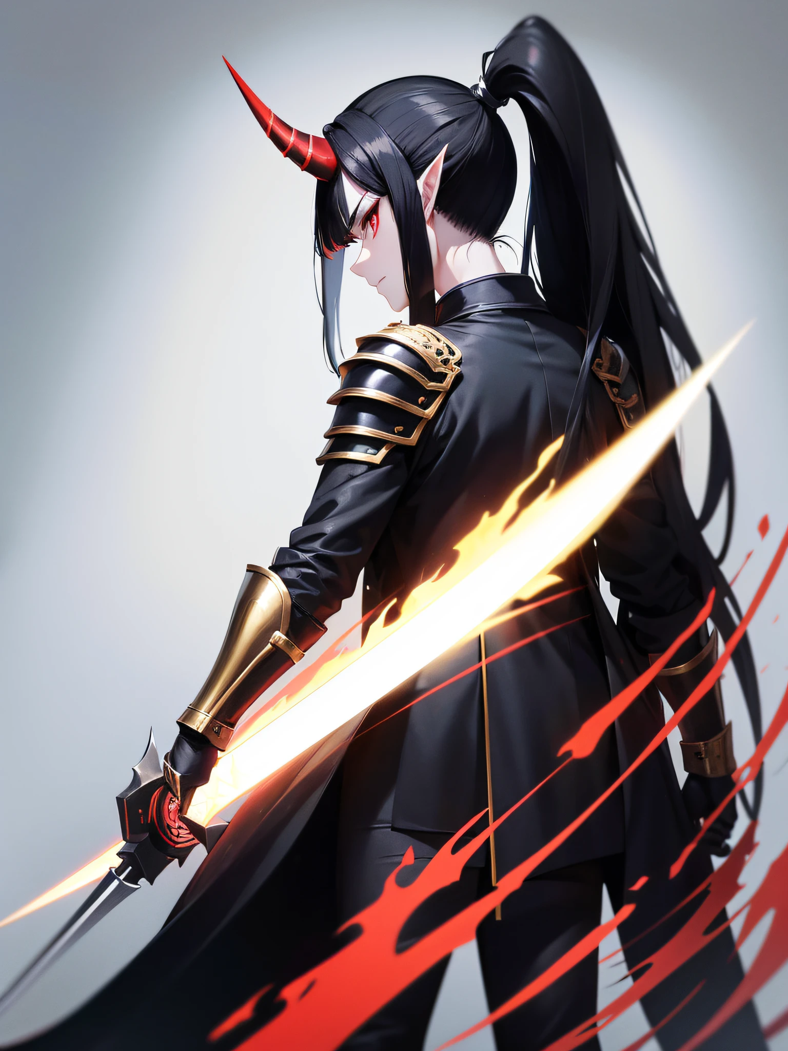 1man, long black hair, ponytail, red eyes, pointy ears, red horn, one horn, armor, dark suit, standing, pointing away, side profile, from behind, 1weapon, sword on hip, sheathed sword, gold accents, absurdres, high res, ultrasharp, 8K, masterpiece, looking at viewer