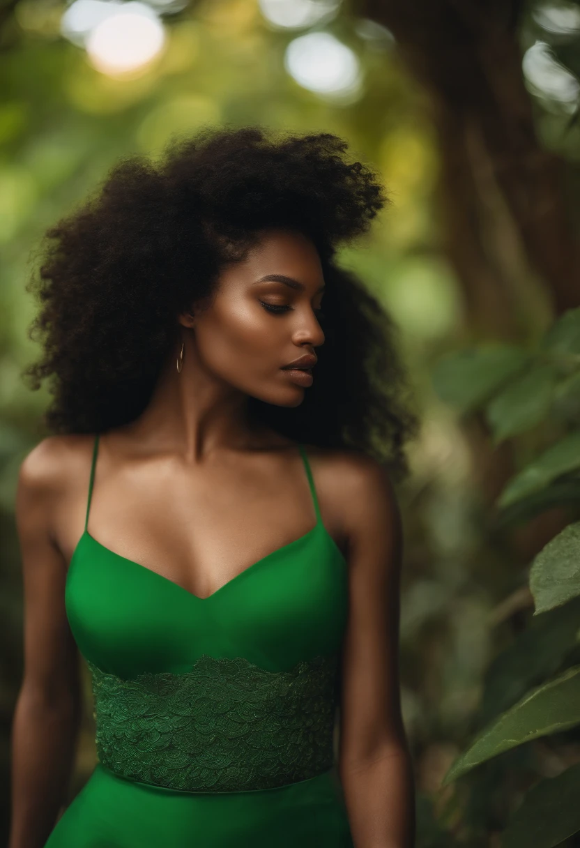 Mulher negra, cabelos lisos, delicate features, com a boca carnuda e vermelha, wearing a green bra and thong, em uma floresta.