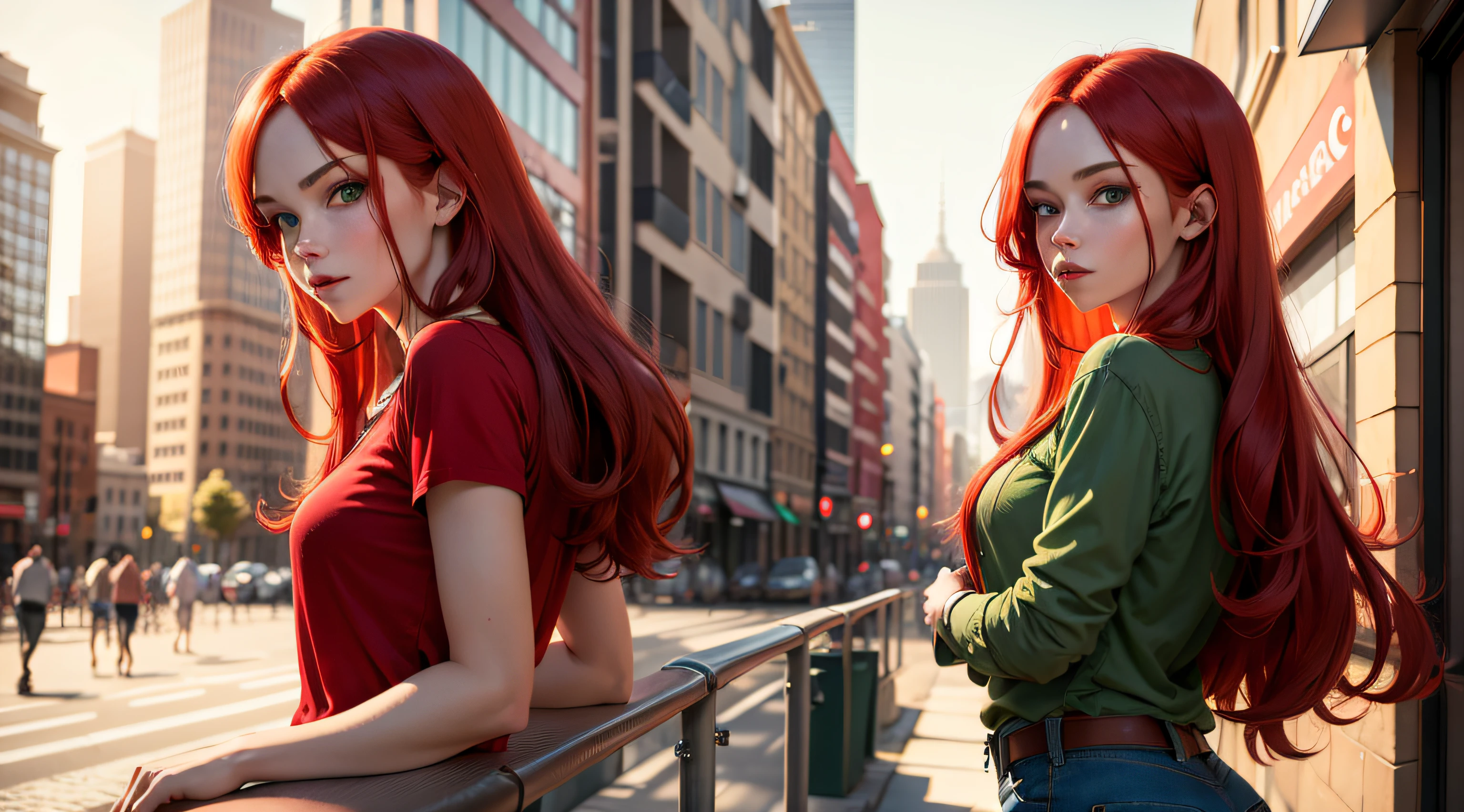 1girl, long red hair, green eyes, wearing soft red shirt, denim shorts, city, absurdres, high res, ultrasharp, 8k, masterpiece, looking at viewer