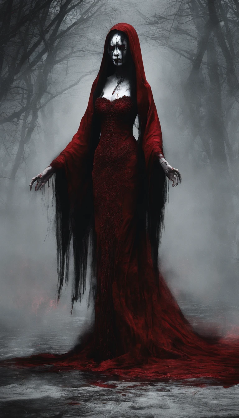 Demon 
Scary 
Blood dress 
 No emotion
Very tall
Black
Claws
Disturbing face unhuman
Female 

 
 